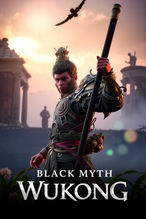 The poster for 'Black Myth: Wukong' features Wukong in a powerful, heroic pose, depicted with intense focus and determination, illuminated by dramatic, cinematic lighting that enhances the intricate details of his ornate armor, which blends traditional Asian motifs with fantastical designs. His staff, detailed with ancient runes and glowing with mystical energy, is central to the composition, surrounded by dynamic magical effects in vibrant hues of blue, green, and purple. The background showcases grand ancient ruins with crumbling columns and overgrown vines, bathed in warm, dramatic lighting that highlights their weathered textures and adds a sense of forgotten grandeur. Mythical creatures in the distance, rendered with ethereal details and magical auras, contribute to the expansive, enchanted world. The foreground features a lush, mystical forest with dense foliage and vibrant flowers, casting dappled shadows through the filtering light, while the atmospheric effects of mist and fog enhance the depth and mystery of the scene. The title 'Black Myth: Wukong' is prominently displayed in a bold, stylized font, integrated with the game’s theme, and strategically placed to complement the overall composition. The rich color palette, featuring deep blues, fiery oranges, mystical greens, and earthy browns, is blended with smooth gradients to create a sense of depth and dimension, capturing the epic, high-fidelity fantasy style reminiscent of 'The Lord of the Rings' films, Studio Ghibli’s enchanting landscapes, and Final Fantasy’s detailed game art.,wukong