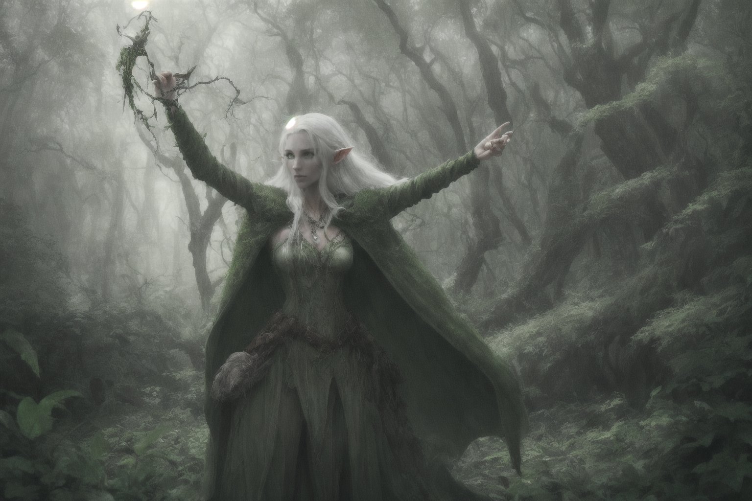 elf Druid in forest, white hair, green and brown natural clothing, female, feminine, elf ears, pointy ears, green eyes, mysterious necklace, spiders surrounding, big spiders, dungeons and dragons, green cloak, misty, twilight, attack stance, magic, transformation