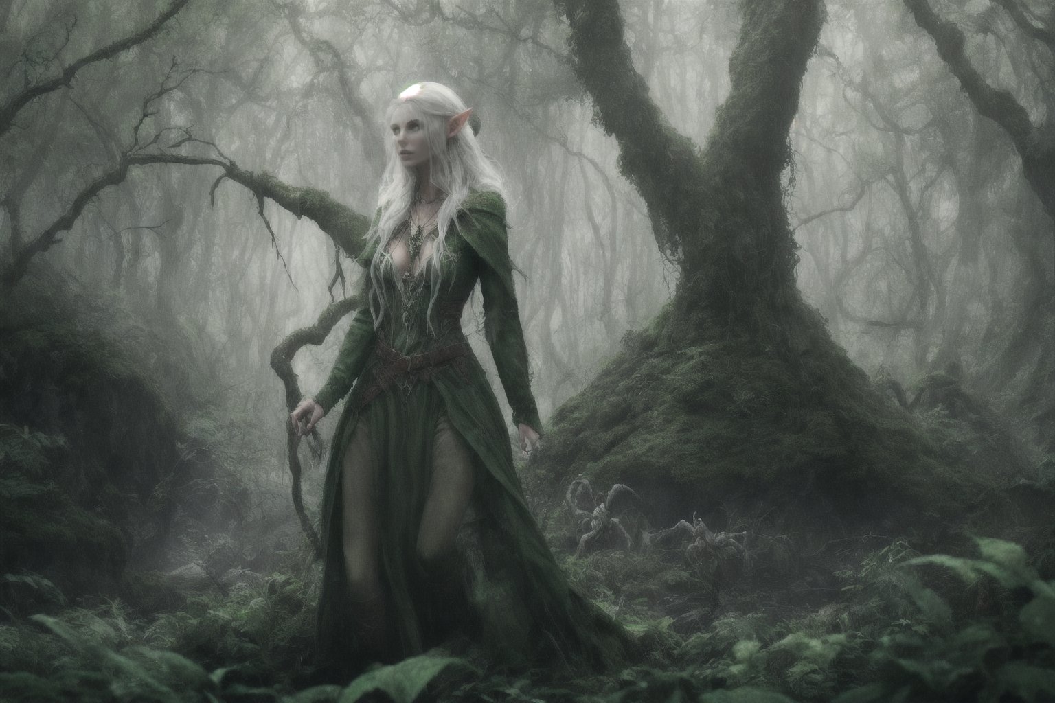 elf Druid in forest, white hair, green and brown natural clothing, female, feminine, elf ears, pointy ears, green eyes, mysterious necklace, spiders surrounding, big spiders, dungeons and dragons, green cloak, misty, twilight, running