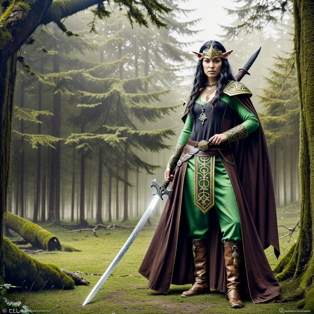 the following is my dnd character I want you to create an oil painting of her in the woods. Character Bio: Elaria Thornshade

Race: Wood Elf

Class: Druid (Circle of the Moon)

Level: 5

Alignment: Neutral Good

Background:

Elaria Thornshade is a Wood Elf from a secluded forest village hidden deep within an ancient woodland. The people of her village have always been closely connected to nature, and Elaria was no exception. From a young age, she showed an affinity for animals and the natural world, spending more time among the trees and wildlife than with other elves.

Her life took a mysterious turn when she entered the village’s annual contest—a rite of passage where young elves demonstrated their ability to transform into fearsome beasts. Elaria’s transformation was so profound that she won the contest, earning her a powerful sword and shield crafted from the very essence of the forest. However, the event triggered something within her. After the contest, Elaria found herself with no memory of her life before that day, save for a single enigmatic object: a necklace she could not remove and instinctively knew held most of her power.

While her memory is fragmented, her connection to the forest and its creatures remains strong. Elaria has embarked on a journey to uncover her past, protect the wilds, and seek out the true nature of the necklace she wears.

Personality:

	•	Shy and Reserved: Elaria is soft-spoken and prefers the company of animals over most humanoids. She finds solace in nature and feels uneasy in crowded or bustling areas.
	•	Protective and Kind: While she may be quiet, Elaria fiercely defends the natural world and those who cannot protect themselves. She is gentle and caring, especially towards animals, but cautious with strangers—particularly humans, who she believes can only be trusted once.
	•	Curious and Determined: Despite her gentle nature, Elaria is driven by a need to understand her lost past and the power of her necklace. This curiosity sometimes leads her into dangerous situations, but her resourcefulness and connection to nature help her navigate through them.

Appearance:

	•	Height: 5’10”
	•	Build: Slender and graceful
	•	Hair: Long, dark brown with hints of green, often adorned with leaves and small flowers
	•	Eyes: Bright green, reflecting the light of the forest
	•	Clothing: Simple, nature-inspired attire, often in shades of green and brown. Her sword and shield are intricately designed with vines and forest motifs, and her mysterious necklace glows faintly with an otherworldly light.

Abilities and Spells:

Hit Points: 39 (5d8+10)
Armor Class: 16 (with shield)
Speed: 35 ft.

Strength: 10 (+0)
Dexterity: 16 (+3)
Constitution: 14 (+2)
Intelligence: 12 (+1)
Wisdom: 18 (+4)
Charisma: 10 (+0)

Proficiencies:

	•	Armor: Light armor, medium armor, shields
	•	Weapons: Clubs, daggers, darts, javelins, maces, quarterstaffs, scimitars, sickles, slings, spears
	•	Tools: Herbalism kit
	•	Saving Throws: Intelligence, Wisdom
	•	Skills: Nature (+5), Perception (+7), Survival (+7), Animal Handling (+7)

Languages: Common, Elvish, Druidic, Sylvan

Druid Circle: Circle of the Moon

	•	Combat Wild Shape: Bonus action to transform into a beast of CR 1 or lower.
	•	Circle Forms: Access to more powerful animal forms, such as the Dire Wolf or Brown Bear.

Spells (Prepared):
Cantrips:

	•	Shillelagh
	•	Thorn Whip
	•	Guidance

1st Level (4 slots):

	•	Goodberry
	•	Cure Wounds
	•	Faerie Fire
	•	Speak with Animals

2nd Level (3 slots):

	•	Moonbeam
	•	Hold Person
	•	Summon Beast

3rd Level (2 slots):

	•	Call Lightning
	•	Plant Growth

Notable Equipment:

	•	Nature’s Edge (Sword): A magical longsword crafted from ancient wood and vines, imbued with the power of the forest. Grants a +1 bonus to attack and damage rolls.
	•	Verdant Shield: A shield formed from the heartwood of a sacred tree, provides +2 to AC and advantage on saving throws against spells of a plant or earth nature.
	•	Mystic Necklace: A mysterious necklace with an unknown origin, it grants Elaria the ability to cast Detect Magic once per day without expending a spell slot. The necklace holds her past, but its full power and purpose are yet to be revealed.

Feats and Traits:

	•	Keen Senses: Proficiency in Perception.
	•	Fey Ancestry: Advantage on saving throws against being charmed, and magic can’t put you to sleep.
	•	Mask of the Wild: Can attempt to hide even when only lightly obscured by foliage, heavy rain, falling snow, mist, and other natural phenomena.
	•	Wild Shape (2/day): Elaria can transform into a beast as per Druid abilities, with additional forms due to her Circle of the Moon training.