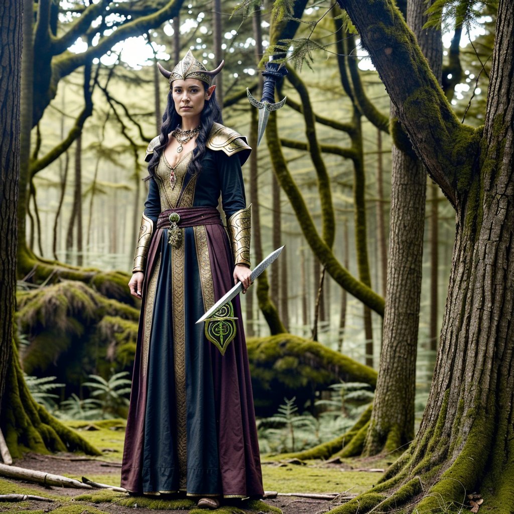 the following is my dnd character I want you to create an oil painting of her in the woods. Character Bio: Elaria Thornshade

Race: Wood Elf

Class: Druid (Circle of the Moon)

Level: 5

Alignment: Neutral Good

Background:

Elaria Thornshade is a Wood Elf from a secluded forest village hidden deep within an ancient woodland. The people of her village have always been closely connected to nature, and Elaria was no exception. From a young age, she showed an affinity for animals and the natural world, spending more time among the trees and wildlife than with other elves.

Her life took a mysterious turn when she entered the village’s annual contest—a rite of passage where young elves demonstrated their ability to transform into fearsome beasts. Elaria’s transformation was so profound that she won the contest, earning her a powerful sword and shield crafted from the very essence of the forest. However, the event triggered something within her. After the contest, Elaria found herself with no memory of her life before that day, save for a single enigmatic object: a necklace she could not remove and instinctively knew held most of her power.

While her memory is fragmented, her connection to the forest and its creatures remains strong. Elaria has embarked on a journey to uncover her past, protect the wilds, and seek out the true nature of the necklace she wears.

Personality:

	•	Shy and Reserved: Elaria is soft-spoken and prefers the company of animals over most humanoids. She finds solace in nature and feels uneasy in crowded or bustling areas.
	•	Protective and Kind: While she may be quiet, Elaria fiercely defends the natural world and those who cannot protect themselves. She is gentle and caring, especially towards animals, but cautious with strangers—particularly humans, who she believes can only be trusted once.
	•	Curious and Determined: Despite her gentle nature, Elaria is driven by a need to understand her lost past and the power of her necklace. This curiosity sometimes leads her into dangerous situations, but her resourcefulness and connection to nature help her navigate through them.

Appearance:

	•	Height: 5’10”
	•	Build: Slender and graceful
	•	Hair: Long, dark brown with hints of green, often adorned with leaves and small flowers
	•	Eyes: Bright green, reflecting the light of the forest
	•	Clothing: Simple, nature-inspired attire, often in shades of green and brown. Her sword and shield are intricately designed with vines and forest motifs, and her mysterious necklace glows faintly with an otherworldly light.

Abilities and Spells:

Hit Points: 39 (5d8+10)
Armor Class: 16 (with shield)
Speed: 35 ft.

Strength: 10 (+0)
Dexterity: 16 (+3)
Constitution: 14 (+2)
Intelligence: 12 (+1)
Wisdom: 18 (+4)
Charisma: 10 (+0)

Proficiencies:

	•	Armor: Light armor, medium armor, shields
	•	Weapons: Clubs, daggers, darts, javelins, maces, quarterstaffs, scimitars, sickles, slings, spears
	•	Tools: Herbalism kit
	•	Saving Throws: Intelligence, Wisdom
	•	Skills: Nature (+5), Perception (+7), Survival (+7), Animal Handling (+7)

Languages: Common, Elvish, Druidic, Sylvan

Druid Circle: Circle of the Moon

	•	Combat Wild Shape: Bonus action to transform into a beast of CR 1 or lower.
	•	Circle Forms: Access to more powerful animal forms, such as the Dire Wolf or Brown Bear.

Spells (Prepared):
Cantrips:

	•	Shillelagh
	•	Thorn Whip
	•	Guidance

1st Level (4 slots):

	•	Goodberry
	•	Cure Wounds
	•	Faerie Fire
	•	Speak with Animals

2nd Level (3 slots):

	•	Moonbeam
	•	Hold Person
	•	Summon Beast

3rd Level (2 slots):

	•	Call Lightning
	•	Plant Growth

Notable Equipment:

	•	Nature’s Edge (Sword): A magical longsword crafted from ancient wood and vines, imbued with the power of the forest. Grants a +1 bonus to attack and damage rolls.
	•	Verdant Shield: A shield formed from the heartwood of a sacred tree, provides +2 to AC and advantage on saving throws against spells of a plant or earth nature.
	•	Mystic Necklace: A mysterious necklace with an unknown origin, it grants Elaria the ability to cast Detect Magic once per day without expending a spell slot. The necklace holds her past, but its full power and purpose are yet to be revealed.

Feats and Traits:

	•	Keen Senses: Proficiency in Perception.
	•	Fey Ancestry: Advantage on saving throws against being charmed, and magic can’t put you to sleep.
	•	Mask of the Wild: Can attempt to hide even when only lightly obscured by foliage, heavy rain, falling snow, mist, and other natural phenomena.
	•	Wild Shape (2/day): Elaria can transform into a beast as per Druid abilities, with additional forms due to her Circle of the Moon training.