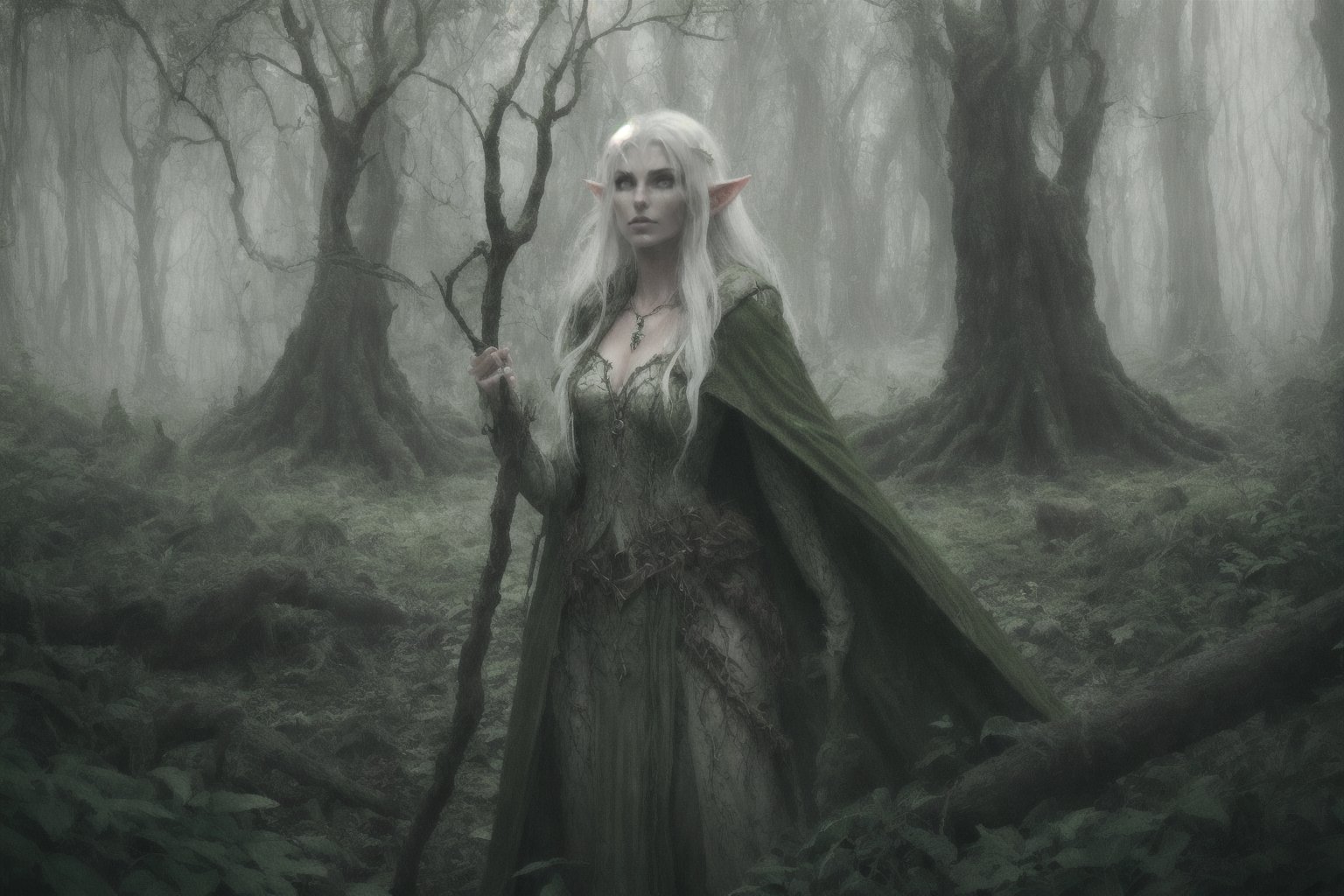 elf Druid in forest, white hair, green and brown natural clothing, female, feminine, elf ears, pointy ears, green eyes, mysterious necklace, spiders surrounding, big spiders, dungeons and dragons, green cloak, misty, twilight