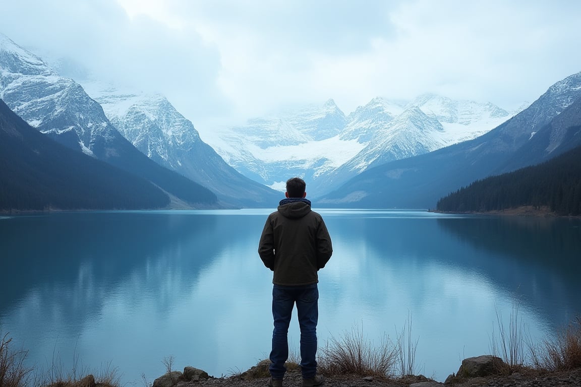 A picture of a man standing near a lake looking up at the snowy mountains