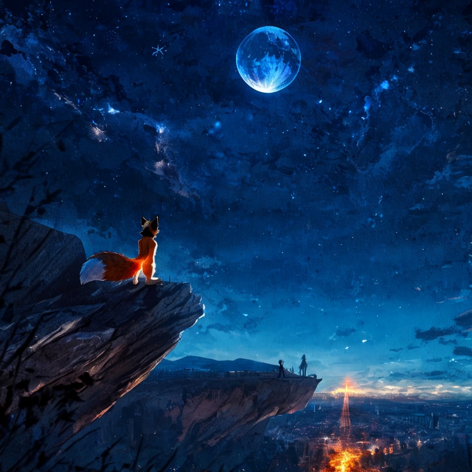 8k, masterpiece, anthro, male, fox, solo, brown hair, fox ears, snout, fox tail, background: cliff, night sky, moon, starry sky, glowing sky