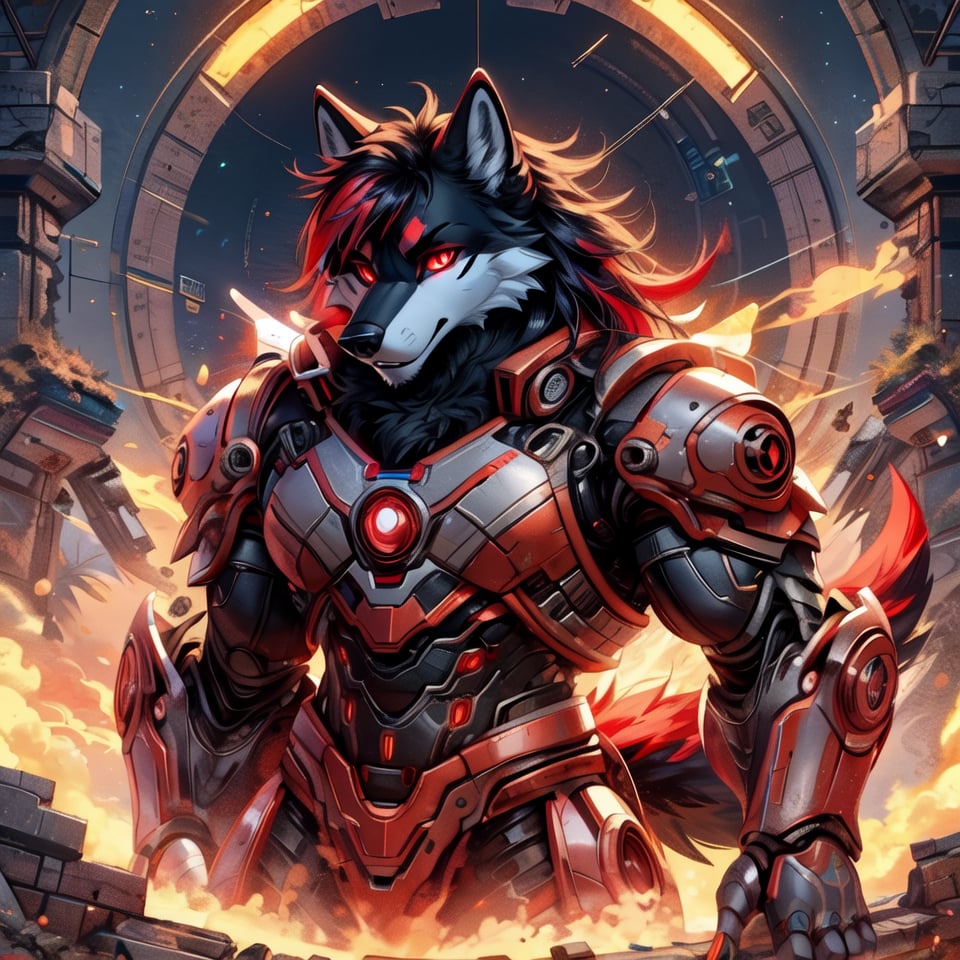 8k, masterpiece, anthro, male, wolf, solo, tall, black fur, handsome, black long hair, red highlights, glowing red eyes, red optics, muscular, huge muscles, snout, wolf tail, black sci-fi armor, exoskeleton, fullbody, background: ruins