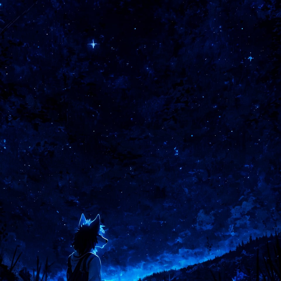 8k, masterpiece, anthro, male, wolf, solo, black hair, wolf ears, snout, wolf tail, viewing away, background: hill, background focus, night sky, starry sky, glowing, r!ge (blue theme: 1.2) (violet theme: 1)