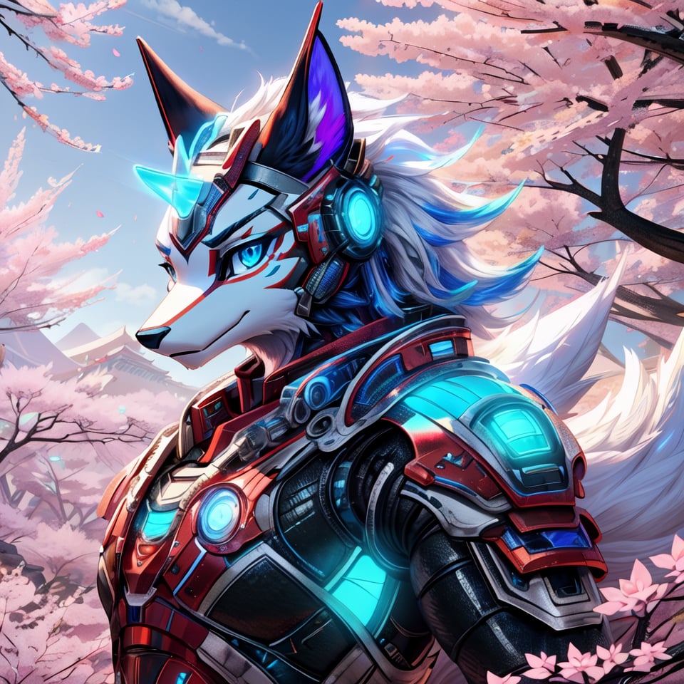 8k, masterpiece, anthro, male, kitsune, solo, white fur, handsome, athletic, white flowing hair, blue highlights, glowing aqua blue eyes, blue optics, kitsune ears, snout, kitsune tail, sci-fi armor, japanese armor, exoskeleton, fullbody, background: cherry blossom forest