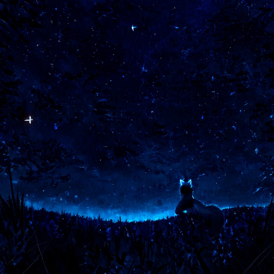 8k, masterpiece, anthro, male, wolf, solo, black hair, wolf ears, snout, wolf tail, viewing away, background: hill, background focus, night sky, starry sky, glowing, r!ge (blue theme: 1.2) (violet theme: 1)