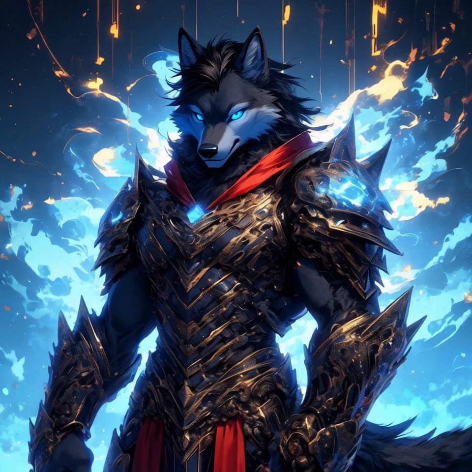 8k, masterpiece, anthro, male, wolf, solo, black fur, handsome, muscular, black hair, glowing blue eyes, wolf ears, snout, wolf tail, biomechanical armor, fullbody, glowing, r!ge, (blue theme: 1)