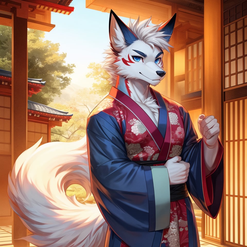 8k, masterpiece, anthro, male, kitsune, solo, white fur, handsome, short white hair, blue eyes, muscular, big muscles, kitsune ears, snout, kitsune tail, fullbody, looking at viewer, kimono, background: japanese temple