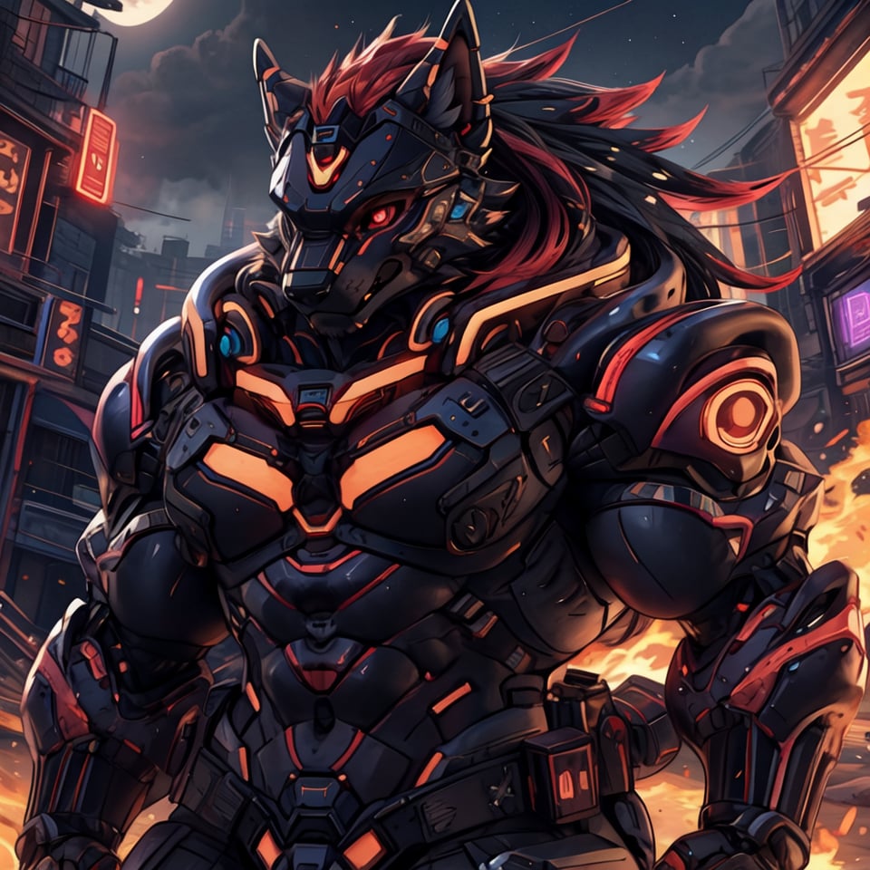 8k, masterpiece, anthro, male, solo, werewolf, black fur, handsome, muscular, huge muscles, black long hair, red highlights, glowing crimson red eyes, red optics, werewolf ears, snout, werewolf tail, black sci-fi armor, (Weight 0.8), exoskeleton, fullbody, body shot, dark background, cyberpunk, HXARMOUR