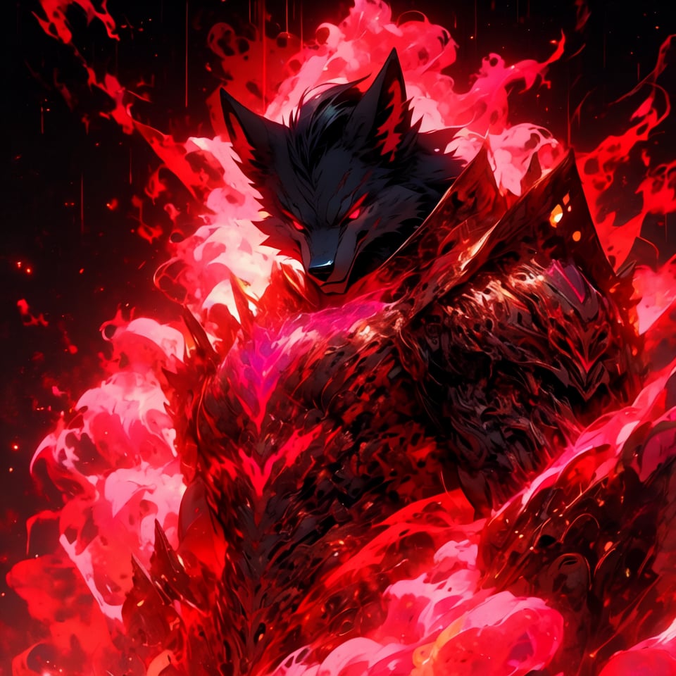 8k, masterpiece, anthro, male, solo, werewolf, black fur, handsome, bara, muscular, huge muscles, long black hair, red eyes, black sclera, wolf ears, snout, wolf tail, fullbody, looking at viewer, biomechanical armor, sci fi armor, mask, glowing, aura, dark background, r1ge, (violet theme:1.1), (pink theme: 1.1), (red theme: 1.1)