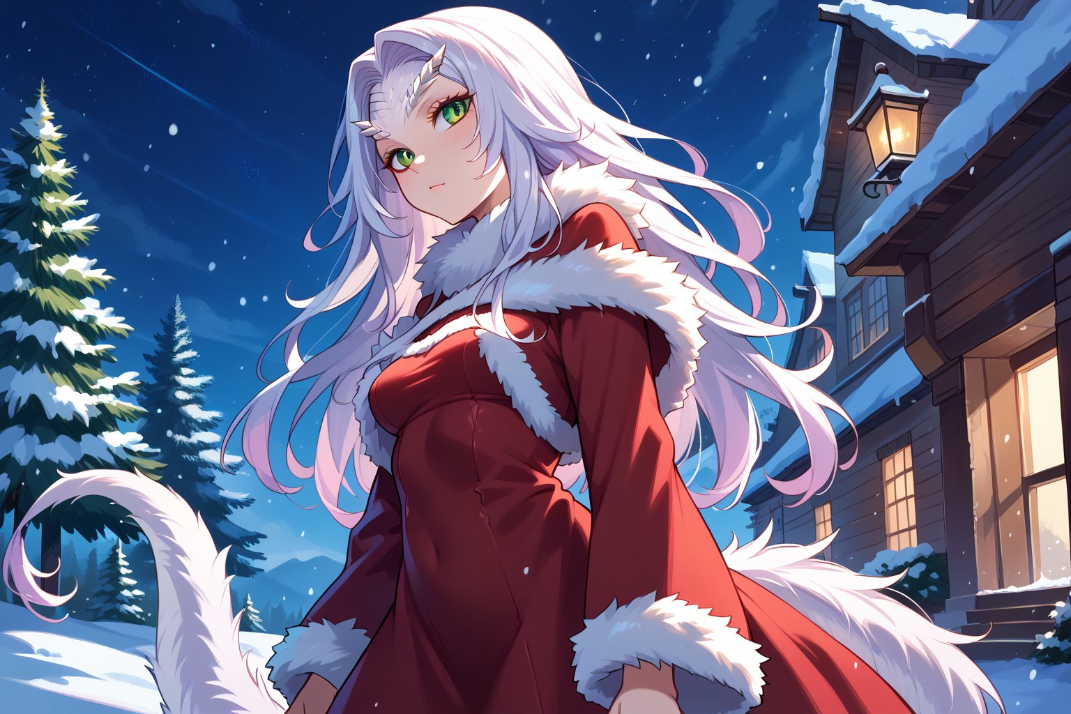 crossbreedpriscilla,dragon girl,white fur,green eyes,slit pupils,tail,fur trim, skimpy Christmas dress,long sleeves, score_9,score_8_up,score_7_up, ouside at night in the snow