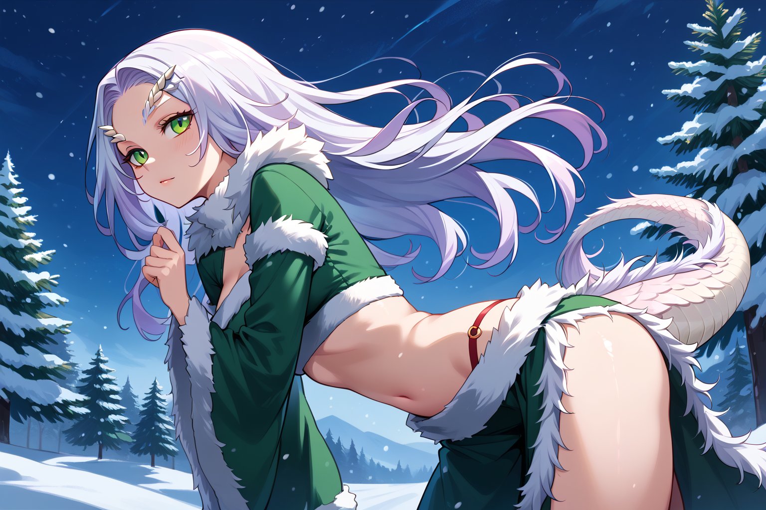 crossbreedpriscilla,dragon girl,white fur,green eyes,slit pupils,tail,fur trim, skimpy Christmas dress,long sleeves, score_9,score_8_up,score_7_up, ouside at night in the snow