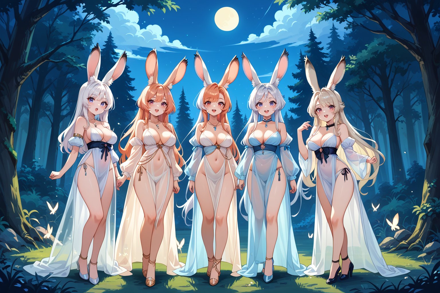 4 Viera redmage sexy,score_9,score_8_up,score_7_up,source_anime, 4 girls, skimpy see_through robes, in spooky forest at night, nighttime,