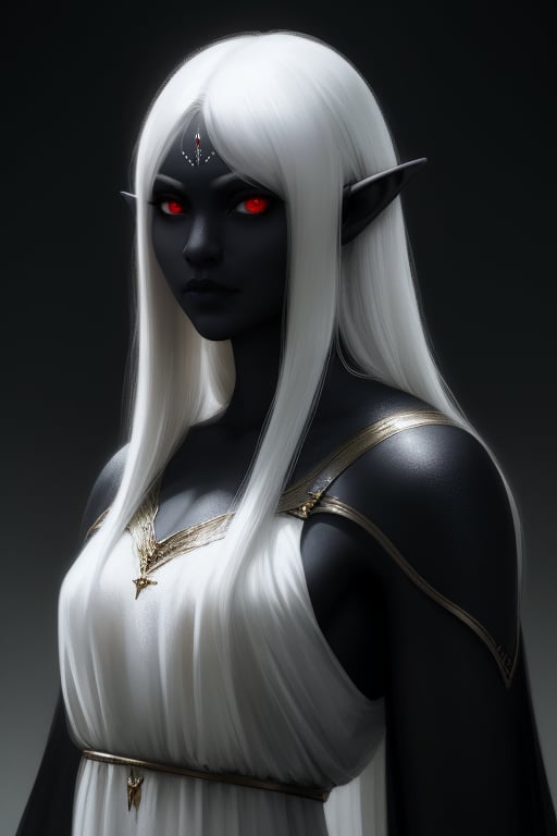 Drow elf, concept art, realistic,super_short ears, full white dress, black colored skin, white hair, red eyes,Fantasyart_6.0, long hair