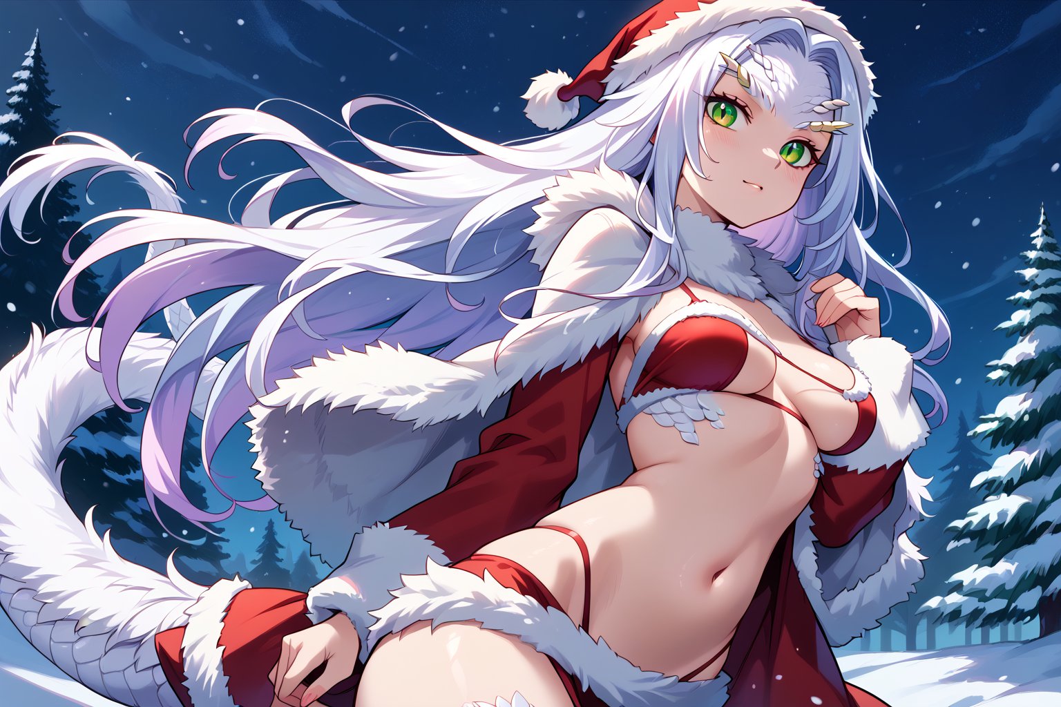 crossbreedpriscilla,dragon girl,white fur,green eyes,slit pupils,tail,fur trim, skimpy revealing Christmas dress,long sleeves, score_9,score_8_up,score_7_up, ouside at night in the snow