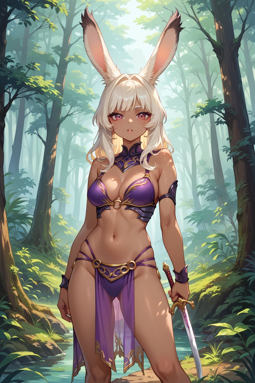 Viera fencer sexy, standing in forest,score_9,score_8_up,score_7_up,source_anime, holding thin sword in one hand, purple bikini armor, purple see-through loincloth