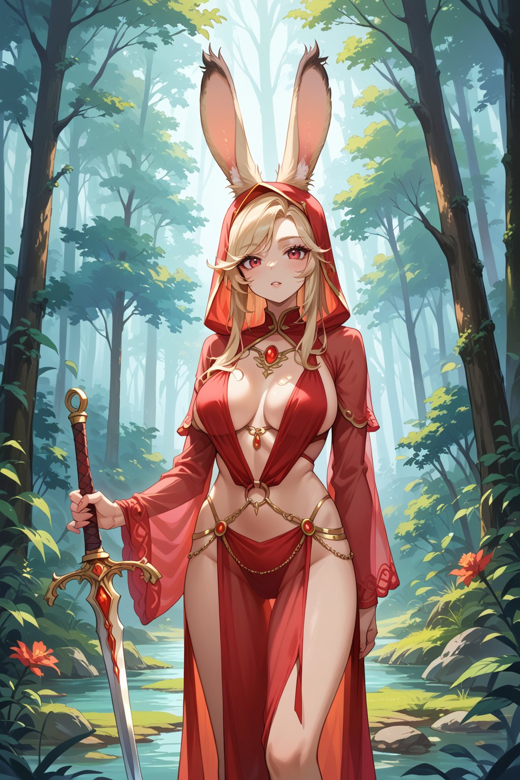 Viera redmage sexy, standing in forest,score_9,score_8_up,score_7_up,source_anime, holding thin sword in one hand, skimpy see_through red robes