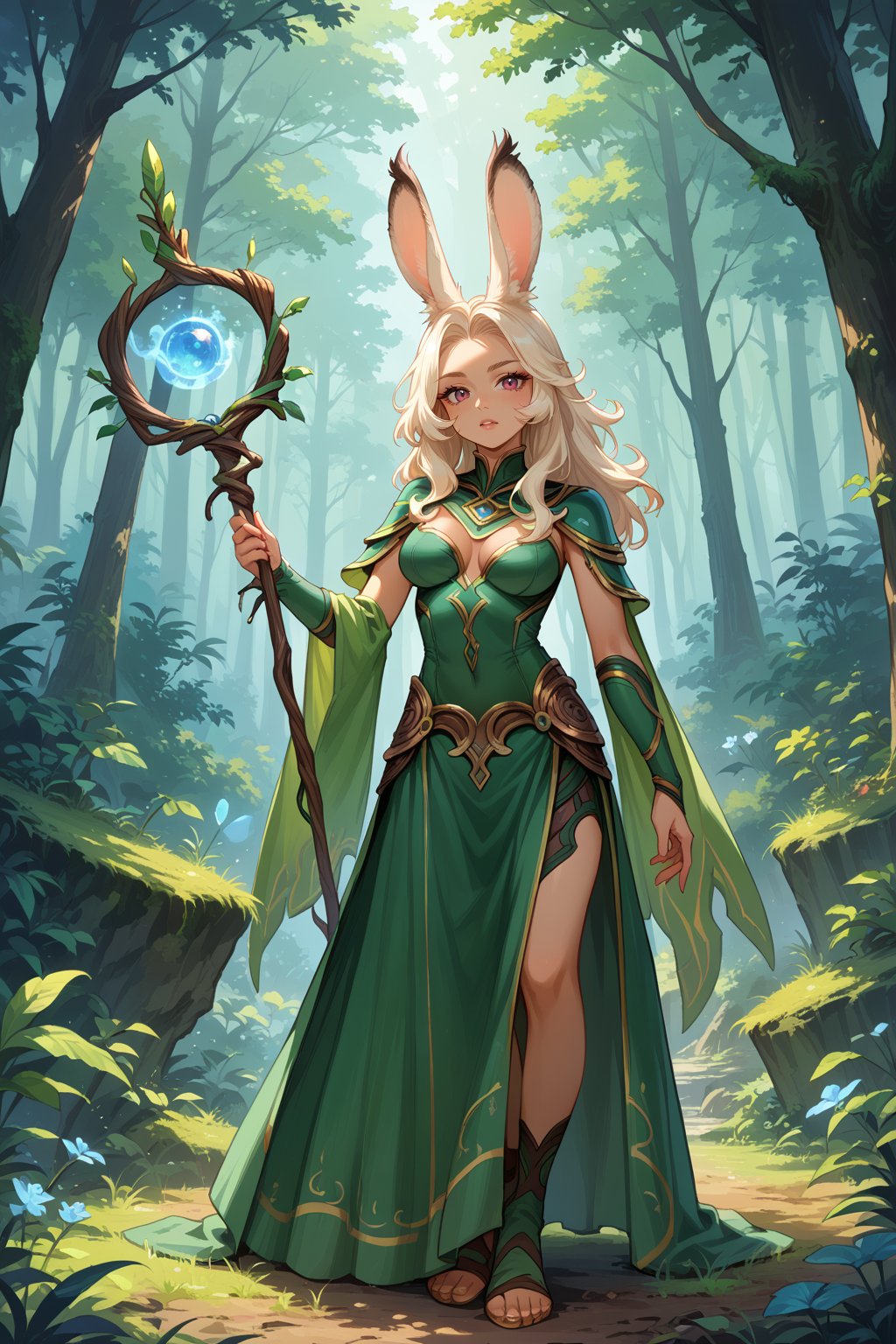 Viera greenmage sexy, standing in forest,score_9,score_8_up,score_7_up,source_anime, holding magic staff