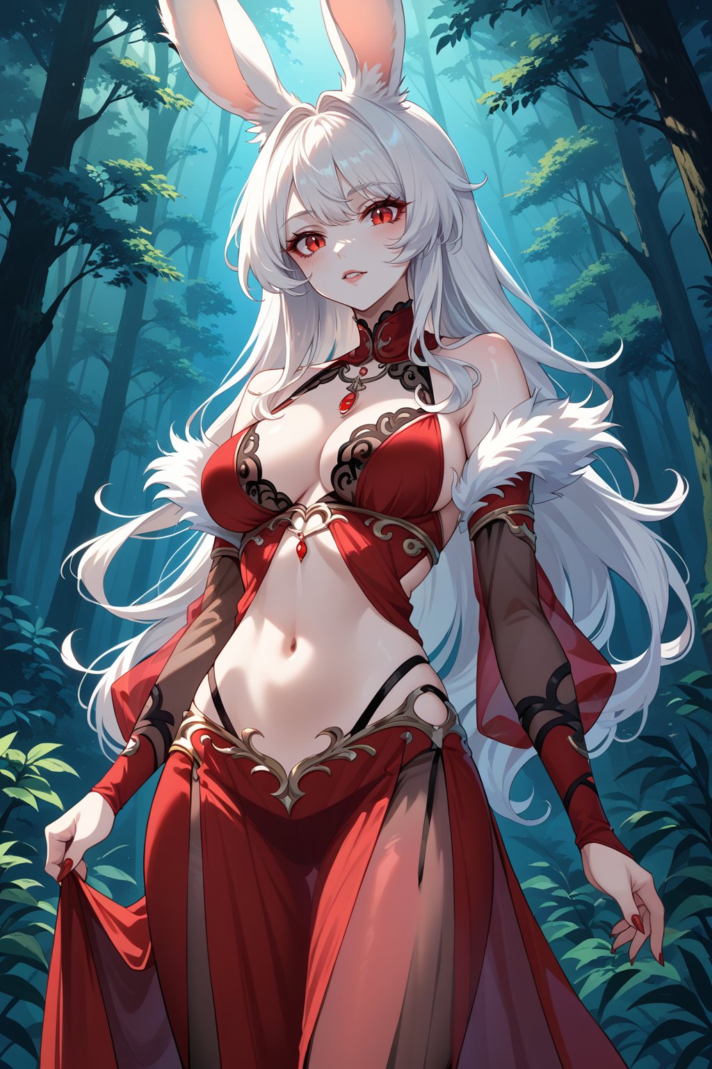 viera vampire, pale skin, red eyes, in skimpy see_through dark red clothes, score_9,score_8_up,score_7_up,source_anime, dark forest at night