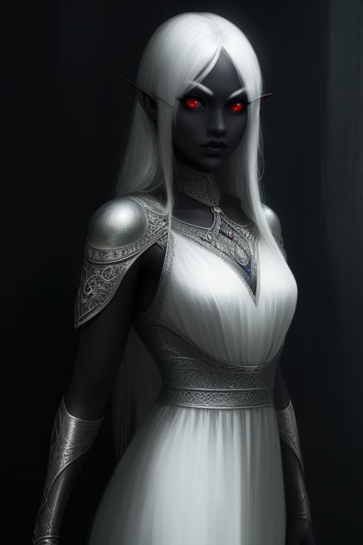 Drow elf, concept art, realistic,short ears, full white dress, black colored skin, white hair, red eyes,Fantasyart_6.0, long hair