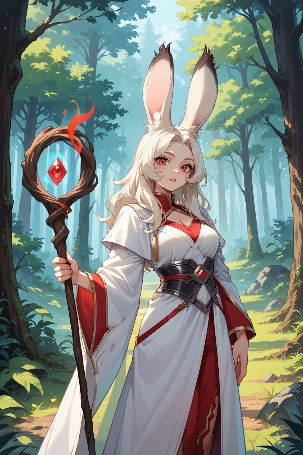 Viera whitemage sexy, standing in forest,score_9,score_8_up,score_7_up,source_anime, holding magic staff in one hand, white robes with red accents