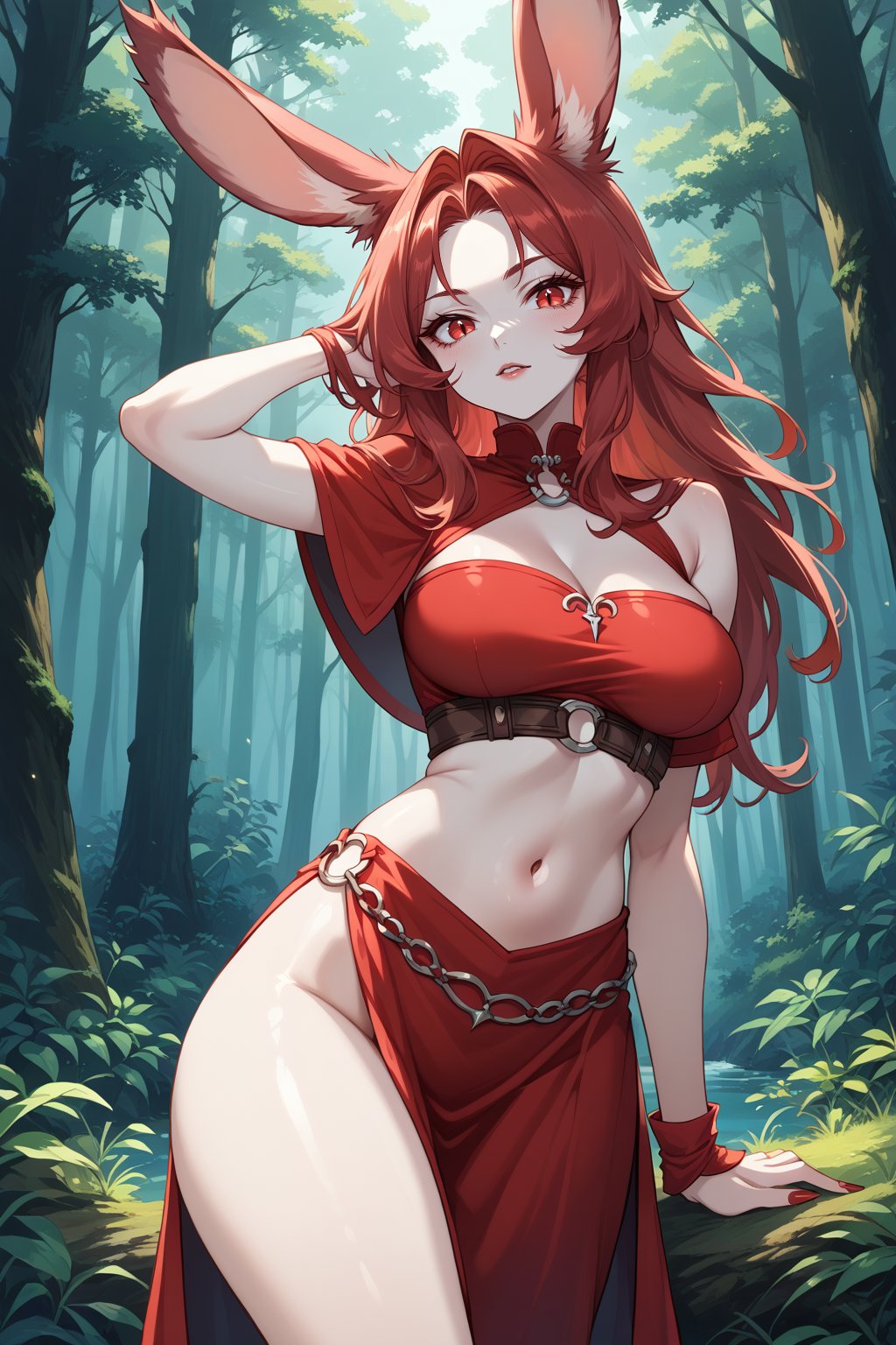 viera vampire, pale skin, red eyes, in skimpy dark red clothes, score_9,score_8_up,score_7_up,source_anime, dark forest at night