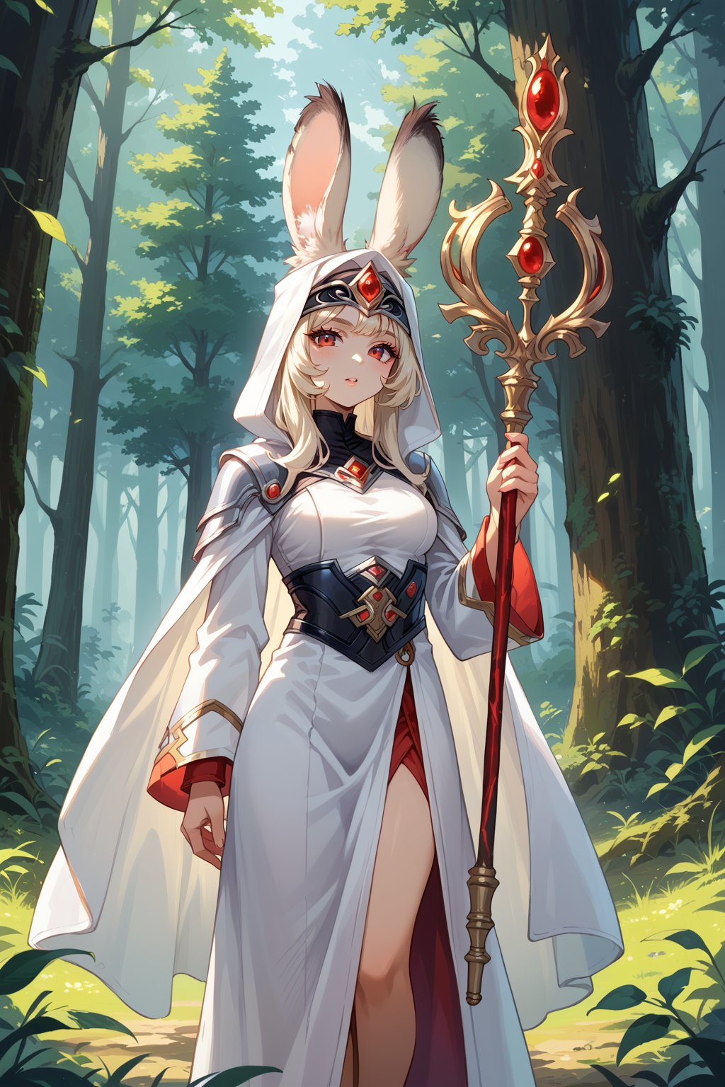 Viera whitemage sexy, standing in forest,score_9,score_8_up,score_7_up,source_anime, holding magic staff in one hand, white robes with red accents