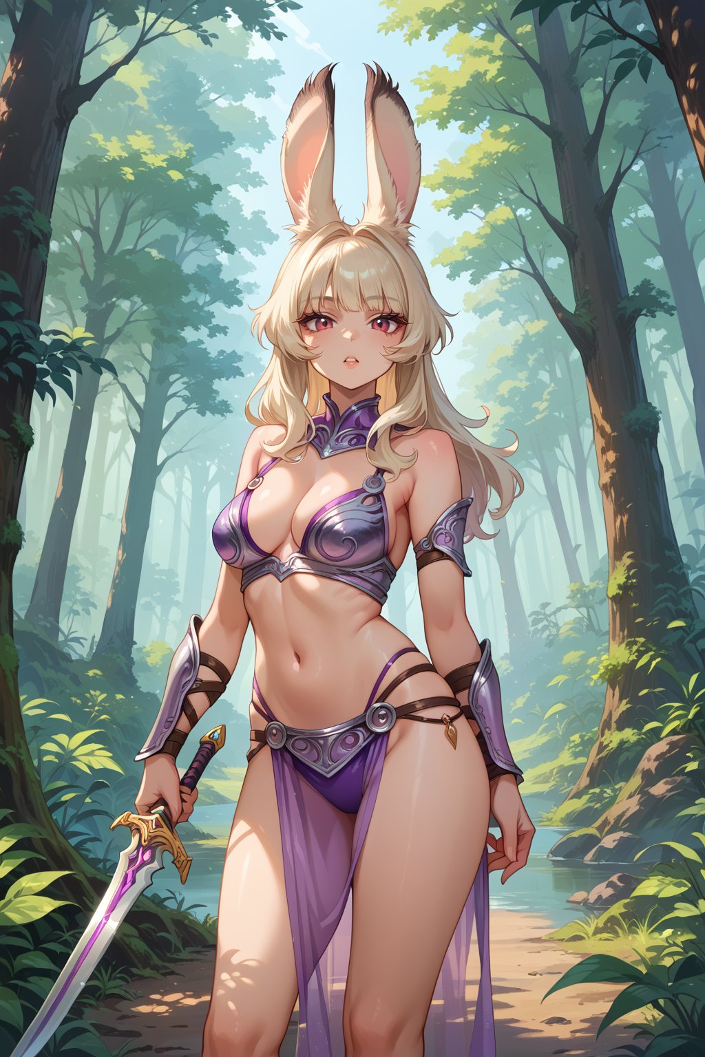 Viera fencer sexy, standing in forest,score_9,score_8_up,score_7_up,source_anime, holding sword in one hand, purple bikini armor, purple see-through loincloth