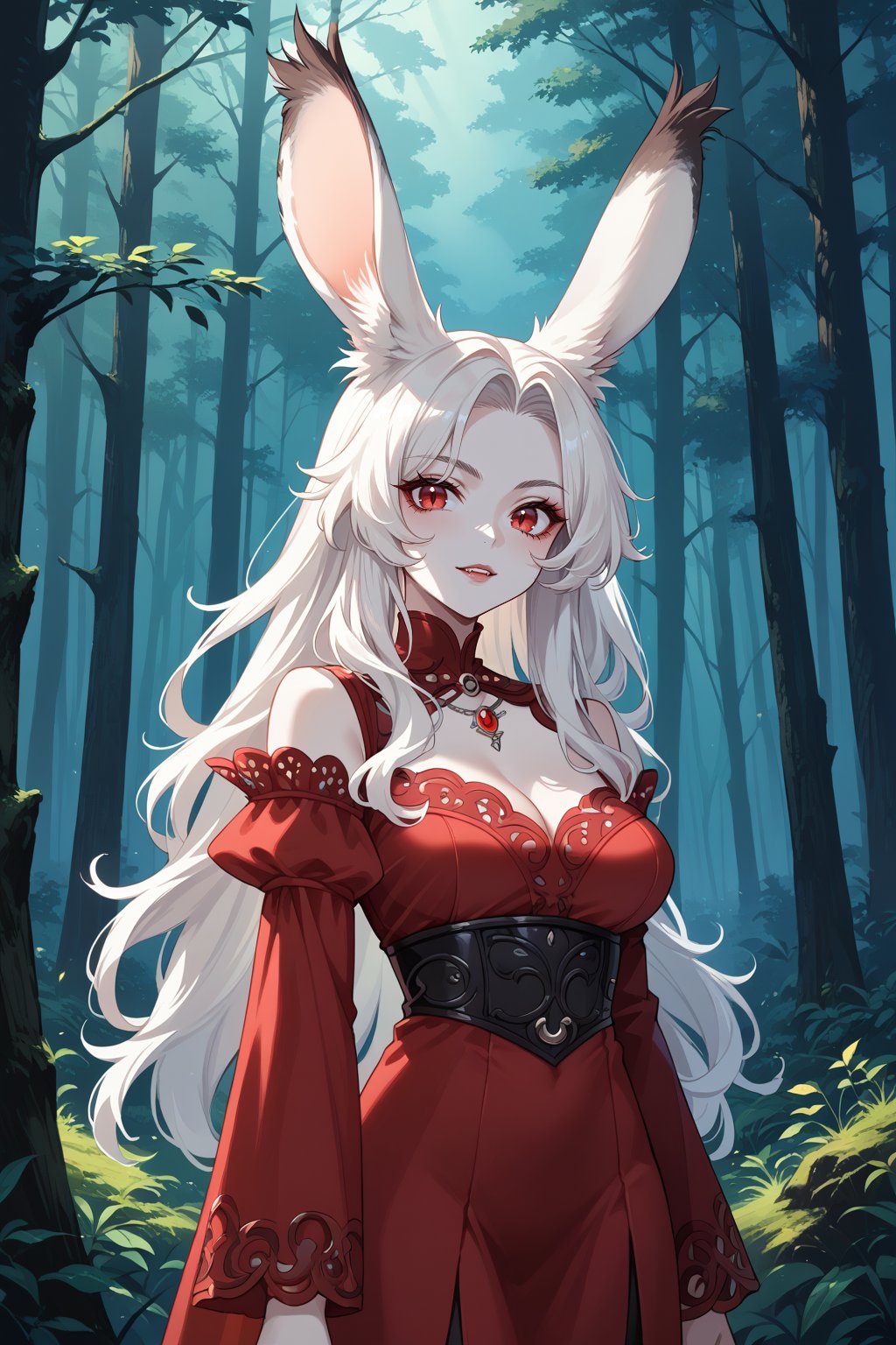 viera vampire, pale skin, red eyes, scantily_clad, dark red clothes, score_9,score_8_up,score_7_up,source_anime, dark forest at night