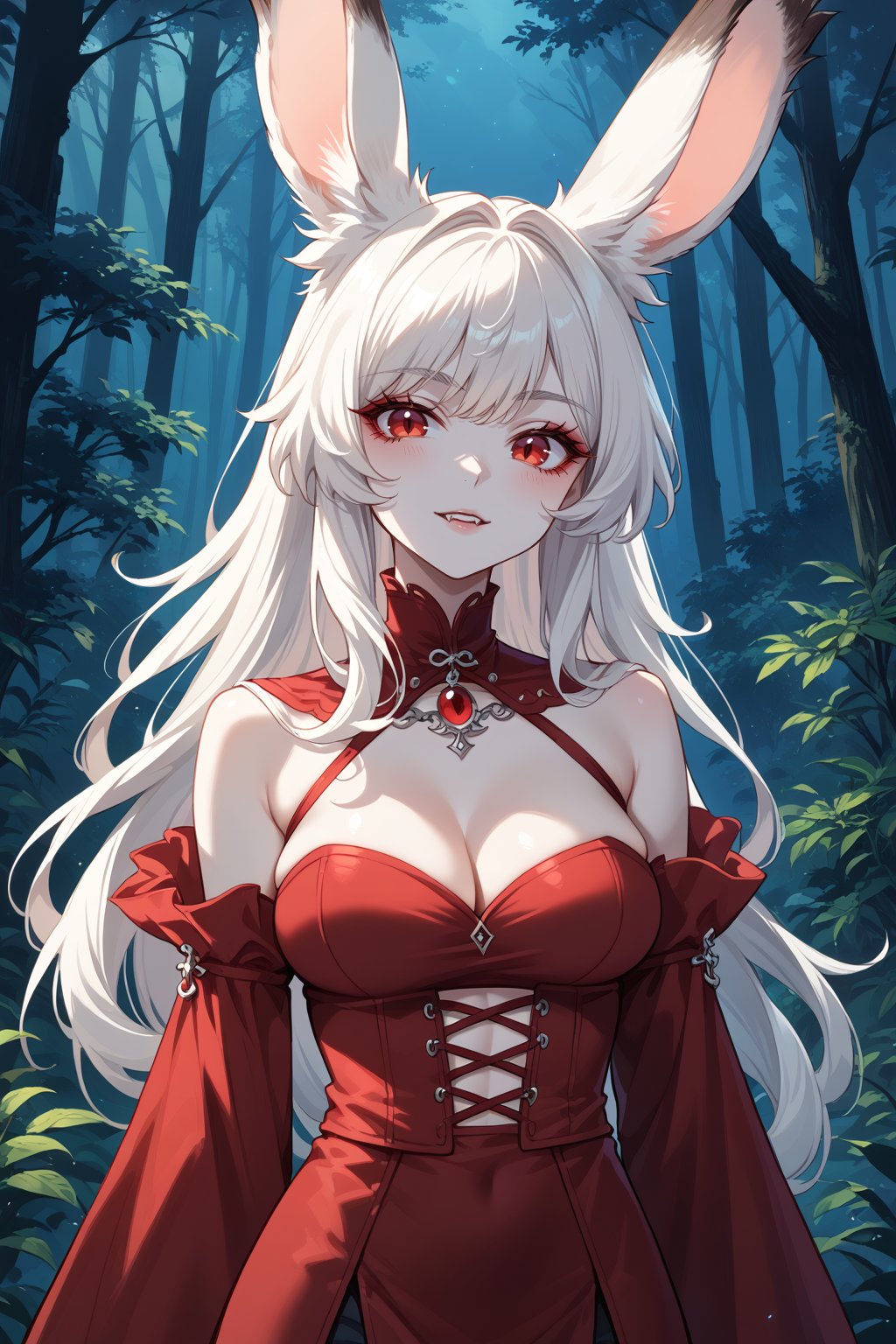 viera vampire, pale skin, red eyes, scantily_clad, dark red clothes, score_9,score_8_up,score_7_up,source_anime, dark forest at night