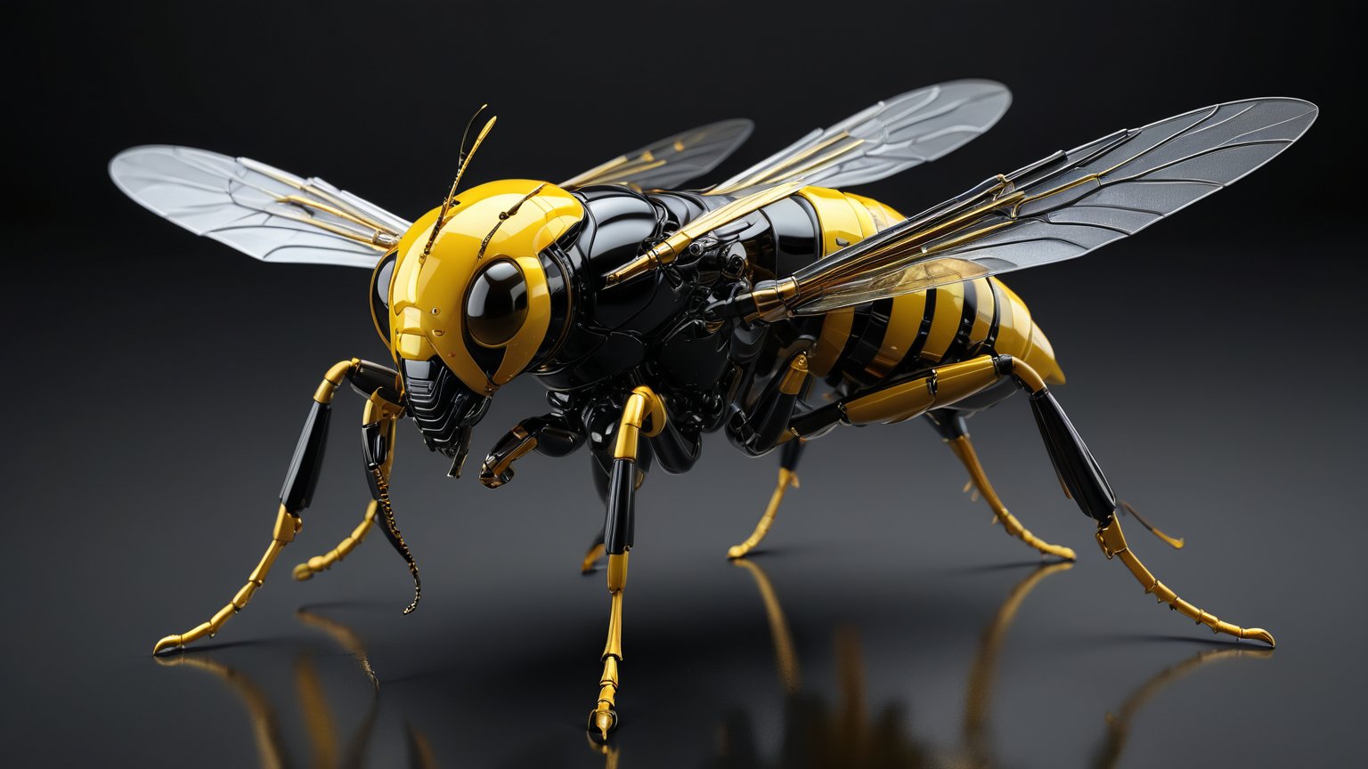 Hyper-realistic 3D render of a robot Wasp made entirely of shiny black and yellow ceramic sitting on a black glass surface. Sleek, reflective surface covering the entire body. Intricate details of Insectoid anatomy preserved in the metallic structure. Segmented armor plates clearly defined,  polished and reflective. Curved surfaces creating distorted reflections of the environment. Wings spread, showcasing flexible metal segments,more detail XL