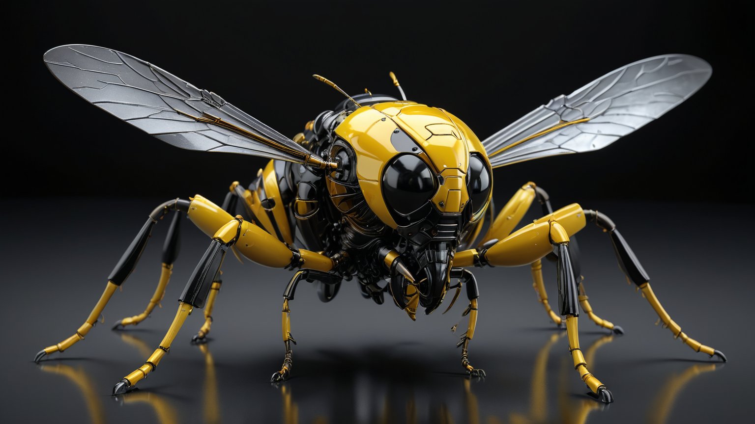 Hyper-realistic 3D render of a robot Wasp made entirely of shiny black and yellow ceramic sitting on a black glass surface. Sleek, reflective surface covering the entire body. Intricate details of Insectoid anatomy preserved in the metallic structure. Segmented armor plates clearly defined,  polished and reflective. Curved surfaces creating distorted reflections of the environment. Wings spread, showcasing flexible metal segments,more detail XL