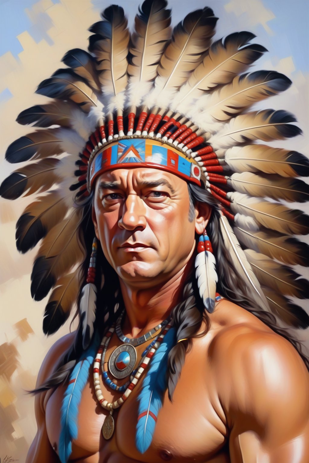 Oil Painting art,  Konstantin Razumov Style,  Xavier Duvet Style. Portrait of Tom Hanks as an Indian chief Crazy Horse by...