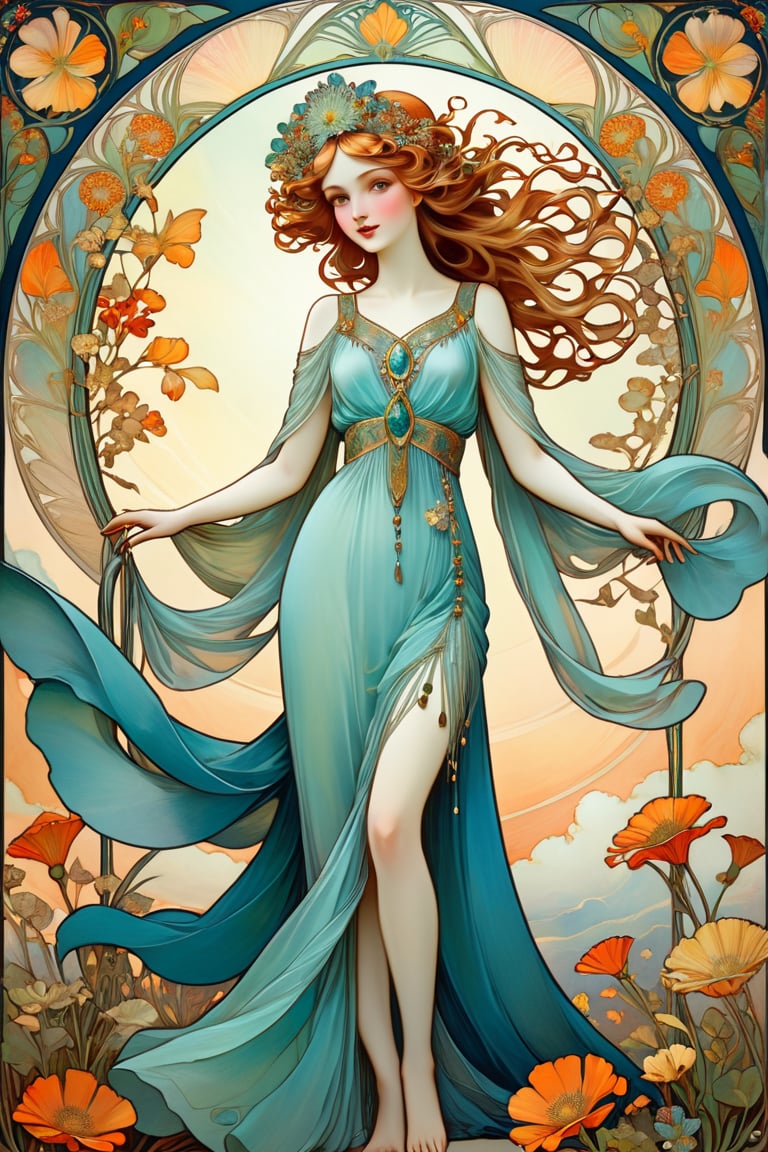 || The Art Nouveau poster with art deco frame, an oil painting, (featuring a goddess-like woman standing in the wind, wearing a fringe-flowing gown, with her headpiece fluttering,  with a picturesque scenery behind her, 1beautiful detailed girl, solo, full body) || best quality, stunning illustration, mysterious and detailed image, (in the style of Alfons Maria Mucha), (Art Nouveau), ultra highly detailed, mystical, luminism, flowers, complex background, (masterpiece, top quality, best quality, official art, beautiful and aesthetic:1.2), (fractal art:1.3), (colorful:1.5), highest detailed, (aristocracy:1.5), (Art Nouveau style), le style Mucha, modern poster arts,more detail XL, ,Girl,Flat vector art,art_booster,greg rutkowski,shards