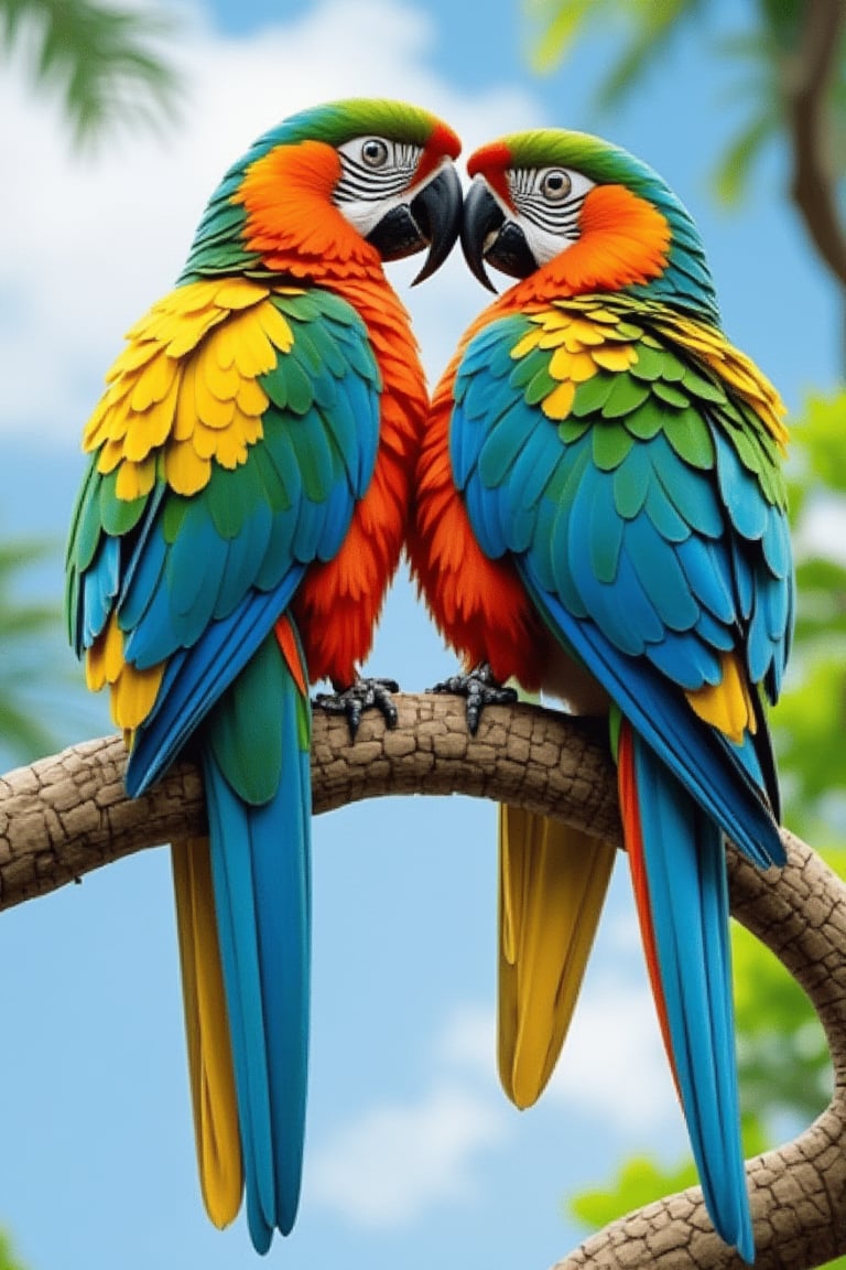 High-quality image of a male and female parrot on a tree branch, engaging in love movements. the female parrot excitedly turns to touch his beak with hers. Superb photography with perfect bird body movements, detailed feathers, and natural light enhancing the scene. The background is simple sky, focusing on the birds' intimate interaction, with shadows adding depth. Captures the full-of-love behavior of nature.