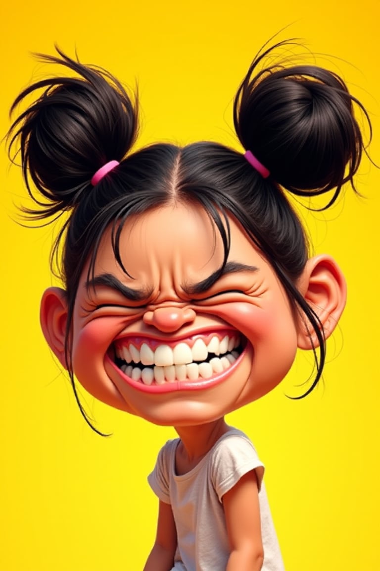 A stylized cartoon portrait of Lapa, a young girl with two large pigtails, scrunching her face in an exaggerated, playful grimace. Her large, expressive eyes are squeezed shut, showing her teeth in a wide, almost comically exaggerated grin. Her dark hair is styled into voluminous puffs, with loose strands sticking out. The background is a bright, solid yellow, creating a cheerful and energetic mood. The caricature emphasizes cartoonish and exaggerated facial expressions, vivid colors, and dynamic line work.