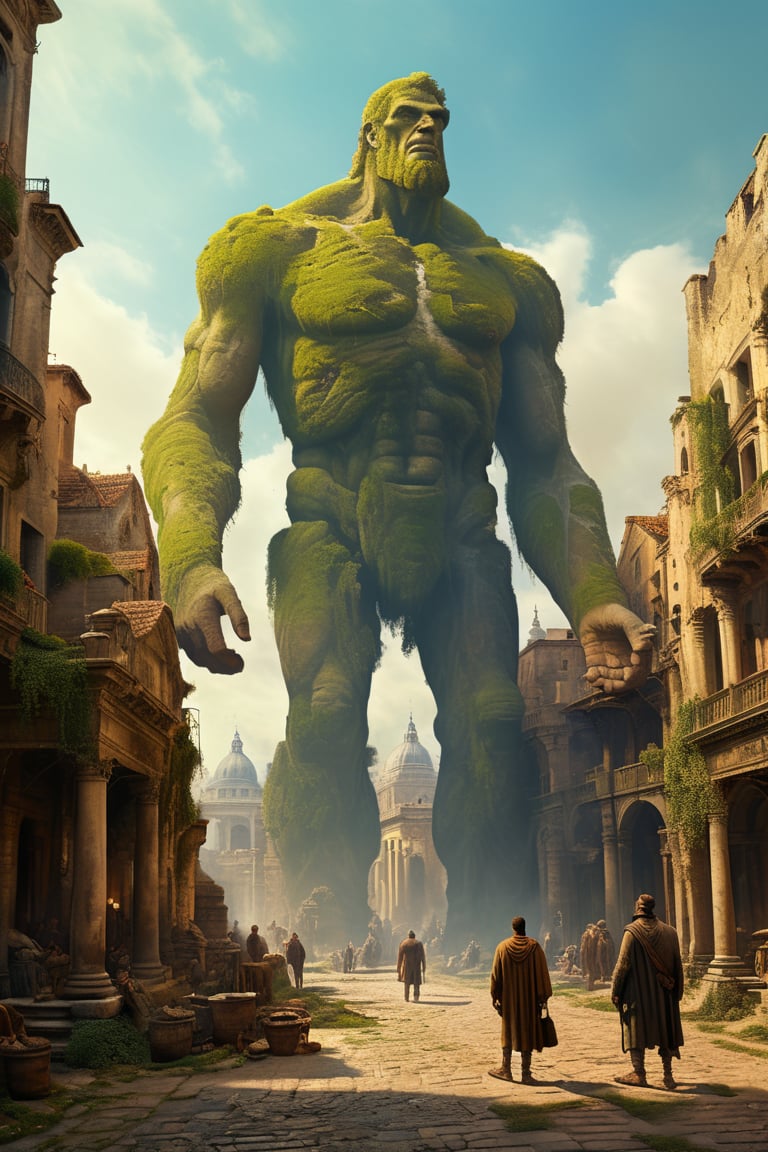 Digital illustration, A giant standing near normal-sized-human in a antique city, giant equals two man tall, aesthetic and beautiful artwork, perfect color, realistic details, high resolution