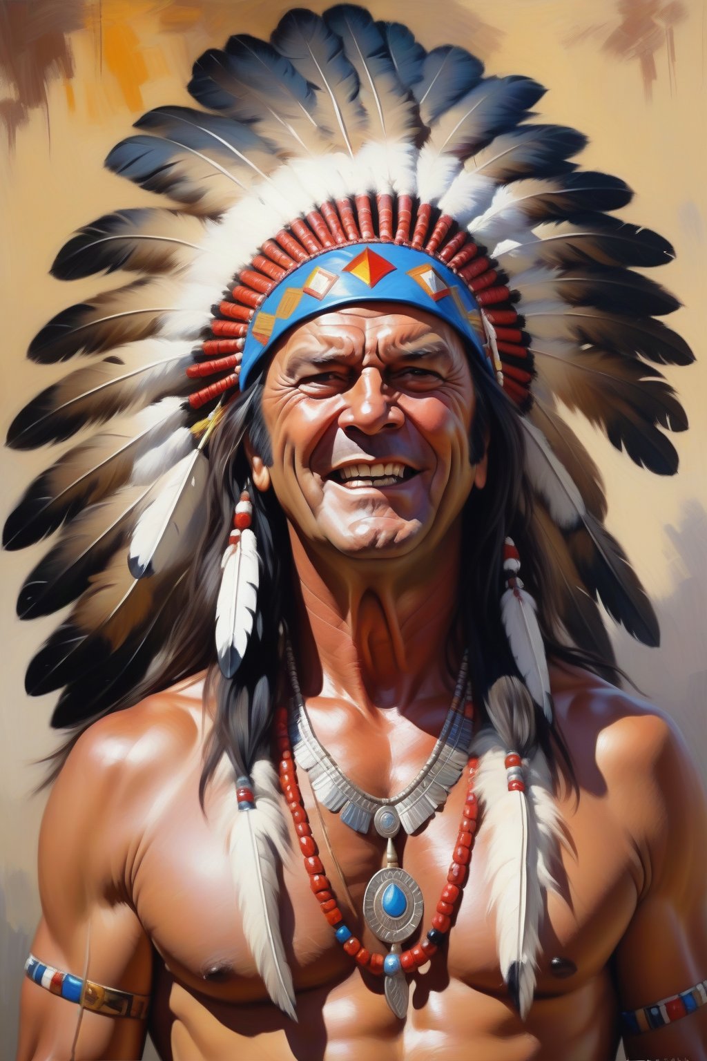 Oil Painting art,  Konstantin Razumov Style,  Xavier Duvet Style. Portrait of Jack Nicholson as an Indian chief Crazy Hors...