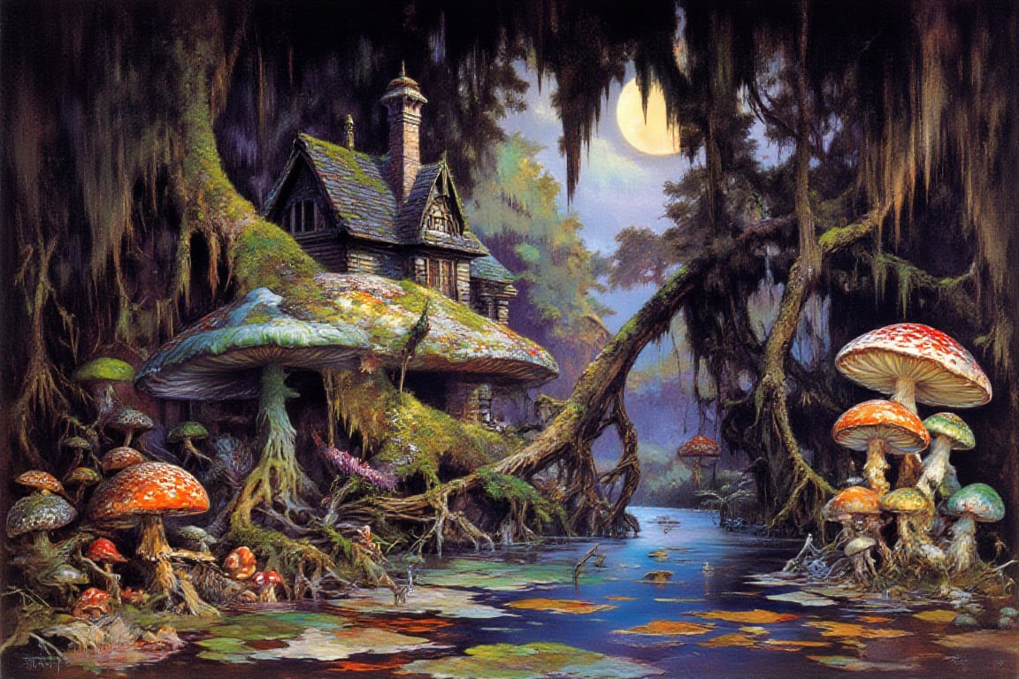 Masterpiece, professional, award-winning, intricate details, ultra high detailed, 64k, dramatic light, volumetric light, wild nature oil painting, old house with moss, mushroom, giant mushrooms in many color, river meandering through the trees, reflection, abstract art, African plains, drip painting, street moonscape, dynamic, energetic and expressive, play of colors and shapes, shredded, cork, flaky, large spots, impasto, knife pallet, 3D modeling, unreal engine, ultra detailed, hyperreal, 4k, 3d, HDRisunlight, forest of magic,FANTASY,OIL,PAINTING,IN,THE,STYLE,OF FR4Z3TT4