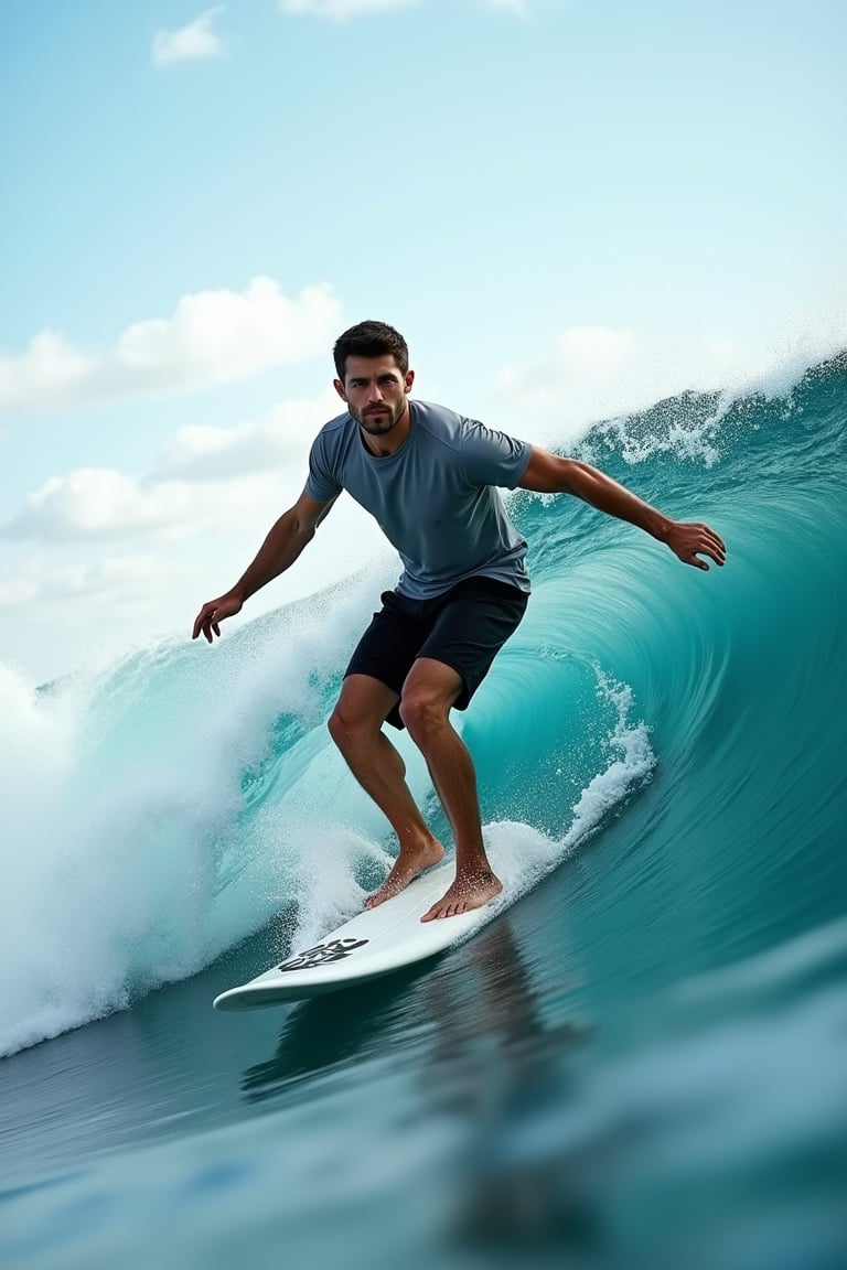  (((ultra photo REALISTIC))), sharp focus, extreme detail description, professional, vivid colors, bold color palette, photorealism, a man is surfing on a white surfboard with a black emblem on the front. He is wearing a short-sleeved shirt and black shorts. His hair is short and dark. His arms are spread out to his sides, and his legs are bent at the knees. The surfboard is positioned in front of a large wave, which is cresting the right side of the image. The wave is a deep blue, with a white foam at the top of the wave. The sky is a light blue, dotted with white clouds. In stunning 16K UHD resolution, this masterpiece showcases unparalleled quality, accuracy, and attention to detail, extremely high quality RAW photograph, detailed background, intricate, Exquisite details and textures, highly detailed, ultra detailed photograph, warm lighting, sharp focus, high resolution, Hyperrealism, masterpiece, accurate, super detail, best quality, award winning, highres, 16k 8k uhd, dslr, high quality,