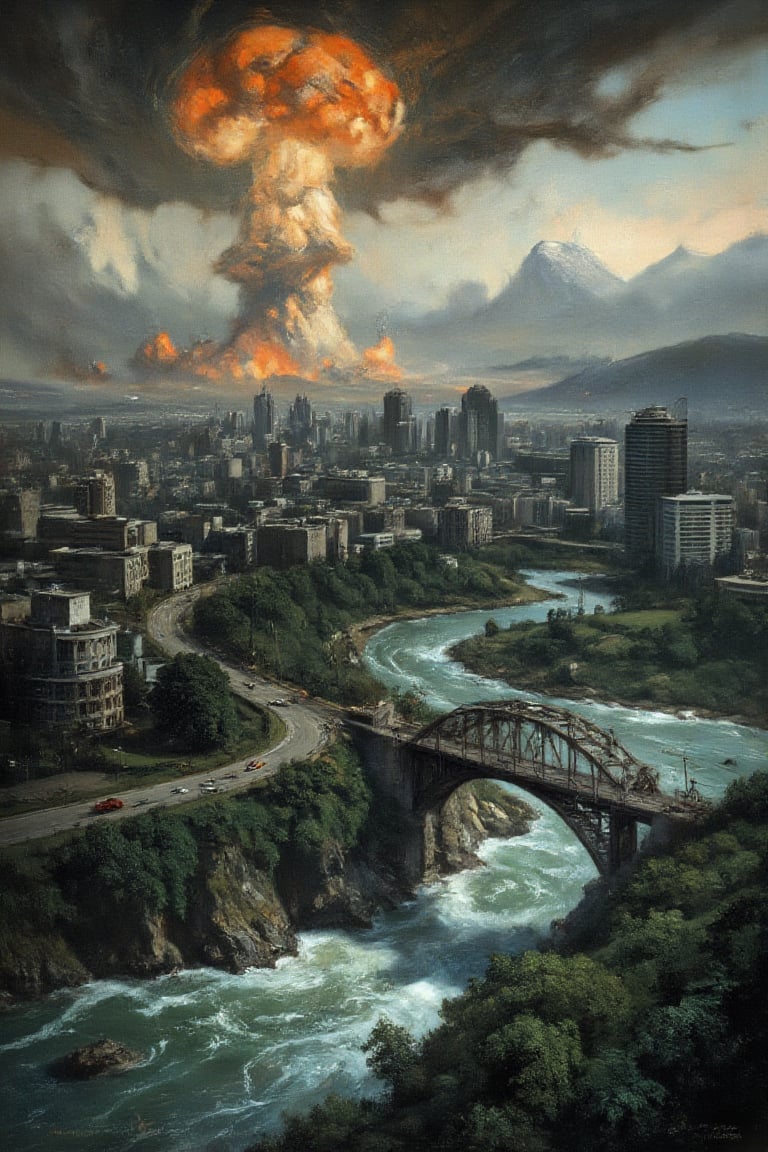 A desolate urban landscape is consumed by utter devastation. The city is surrounded by jungle. A colossal mushroom cloud bursts forth from the nuclear explosion, its blazing pillar soaring into the hazy atmosphere as a torrential wave crashes through the city's waterfront, demolishing structures and infrastructure. Amidst the apocalyptic mayhem, a shattered bridge lies broken beneath the turbulent waters, while a once-thriving metropolis now teeters on the brink of collapse. Stunning image by ZloyOrk style