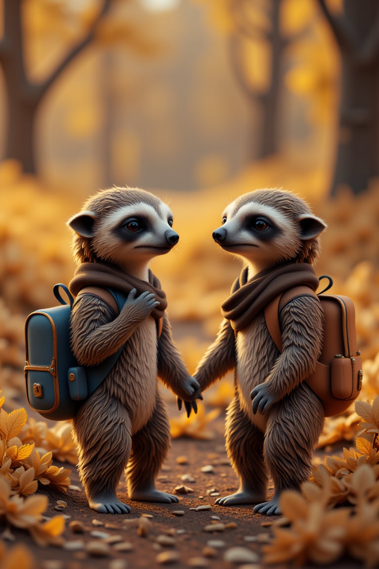 baby sloth with backpacks are standing next to each other, in the style of daz3d, isaac cordal, studyblr, soft, romantic scenes, rinpa school, doug hyde, warm tones