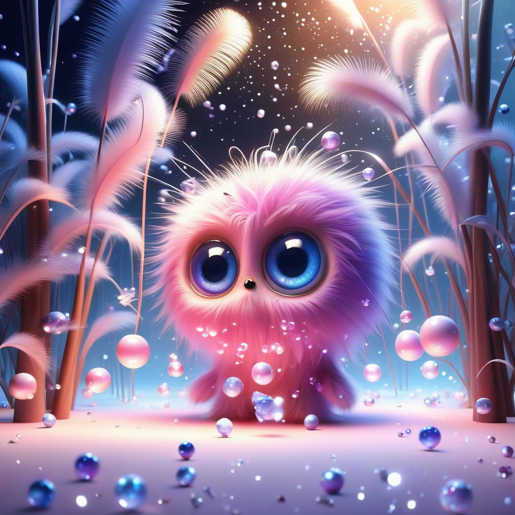 surreal, two absolutely cute fluffy (pink.blue.lilac) furry creatures playing (with little magic pearls), white sand, sea, garland of lanterns, water, big eyes, glitter, gentle evening in the tropics, shells with pearls, transparency, fractals of light, sumi-e Midjourney, palm trees, flowers, octane render, fairy tale, bokeh, neon lines + lumens, fireflies, mother-of-pearl highlights, realism, hyperization, hdr