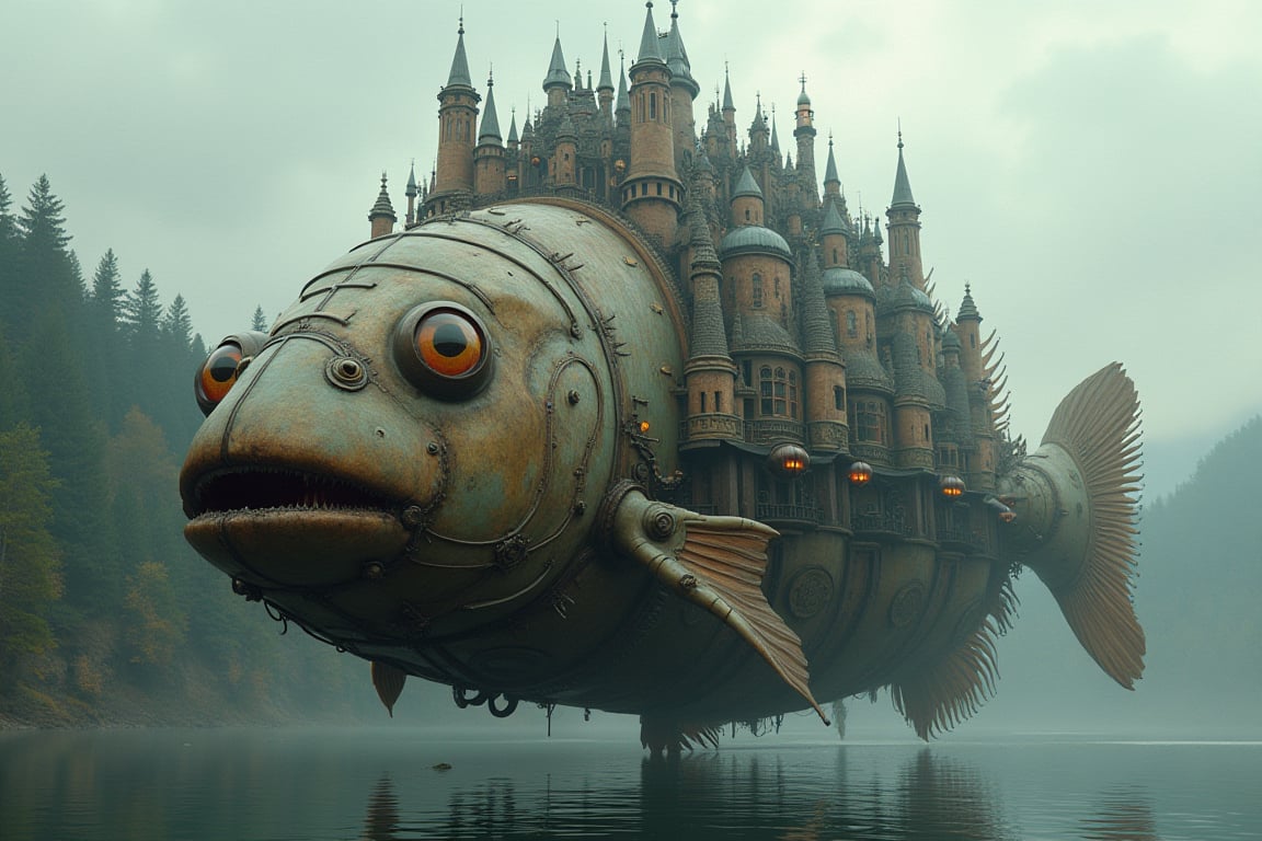 The large angler fish depicted in the picture is an amazing combination of a living creature and a highly developed mechanism. With huge round eyes that have a surprised or even slightly comical expression. Its body is impressive in size, round and smooth, with metal elements, which makes it look like a flying machine. The upper part of the fish is decorated with numerous architectural elements reminiscent of towers, domes and spires, characteristic of European architecture, an entire city or castle is built on the fish. The background consists of a forest area with trees, against which small structures are visible, a lake, over which this fish-city is swimming. The atmosphere is a feeling of a magical and fantastic world.