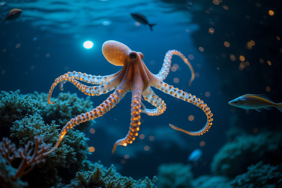 A highly detailed, photorealistic underwater scene of a glowing octopus with transparent, iridescent tentacles covered in bright orange spots. The octopus glides through a deep ocean setting, illuminated by bioluminescent specks that add a surreal, magical touch. The surrounding water is a deep blue, with bokeh effects created by distant lights, emphasizing the octopus as the central figure. The delicate glow of the tentacles adds an ethereal quality, with hints of coral and marine foliage in the background. The composition captures the octopus in motion, with the bioluminescent specks casting a soft, ambient light that highlights the octopus's intricate details. Fish and crab is near. The deep blue water and bokeh effects create a sense of depth and mystery, while the glowing tentacles and bright orange spots add a touch of magic to the scene.