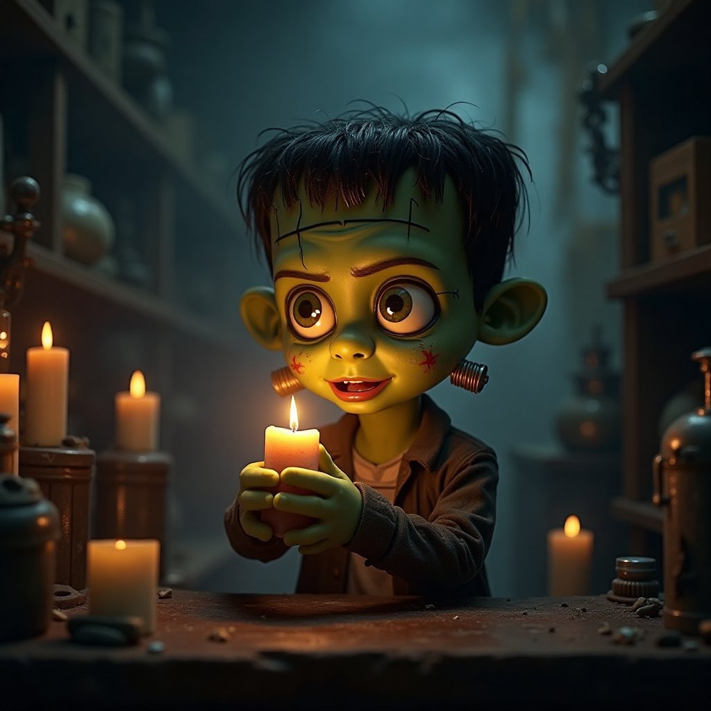 Dimly lit laboratory on a spooky Halloween night, candles flickering amidst old equipment and cobweb-covered shelves. Cute Frankenstein's monster, with bolts in his neck and stitches on his face, holds a small candle up to the light, casting an eerie glow across his features. His big, round eyes sparkle with curiosity as he peers into the flame.