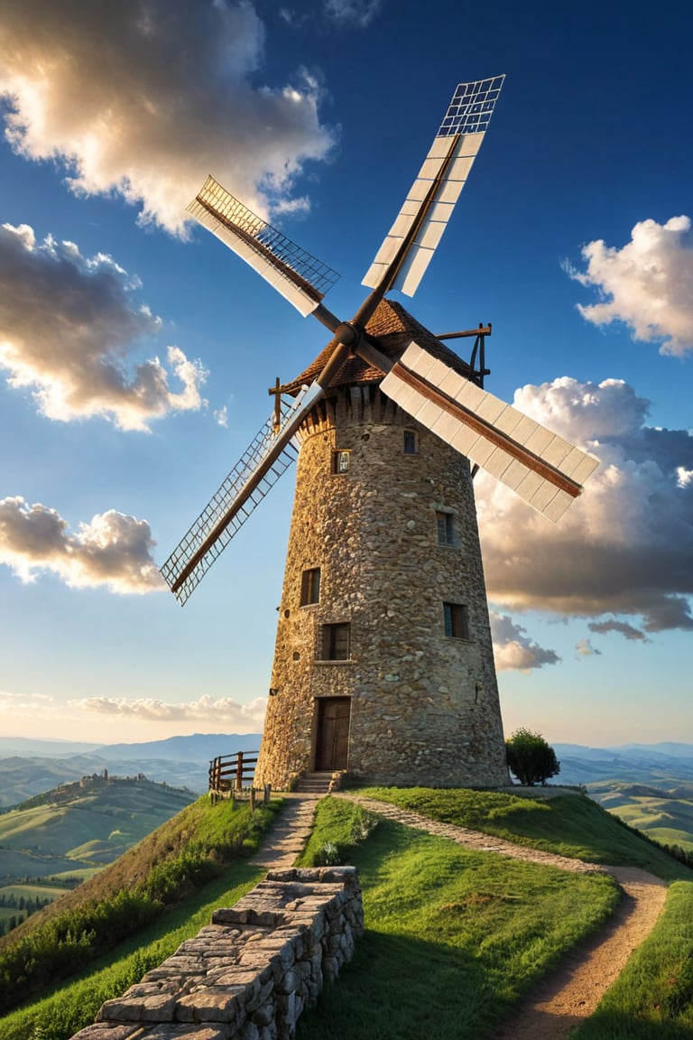 (Documentary photograph:1.3) of a wonderful (windmill on a green hill of the lovely Tuscan landscape:1.4), 14th century, (golden ratio:1.3), (medieval architecture:1.3),(stone wall:1.1), overlooking the valley, dawn light, intense blue sky with imposing cumulonimbus clouuds. BREAK shot on Canon EOS 5D, (from below:1.3), Fujicolor Pro film, vignette, highest quality, original shot. BREAK three-quarters view, well-lit, (perfect focus:1.2), award winning, detailed and intricate, masterpiece, itacstl,real_booster,