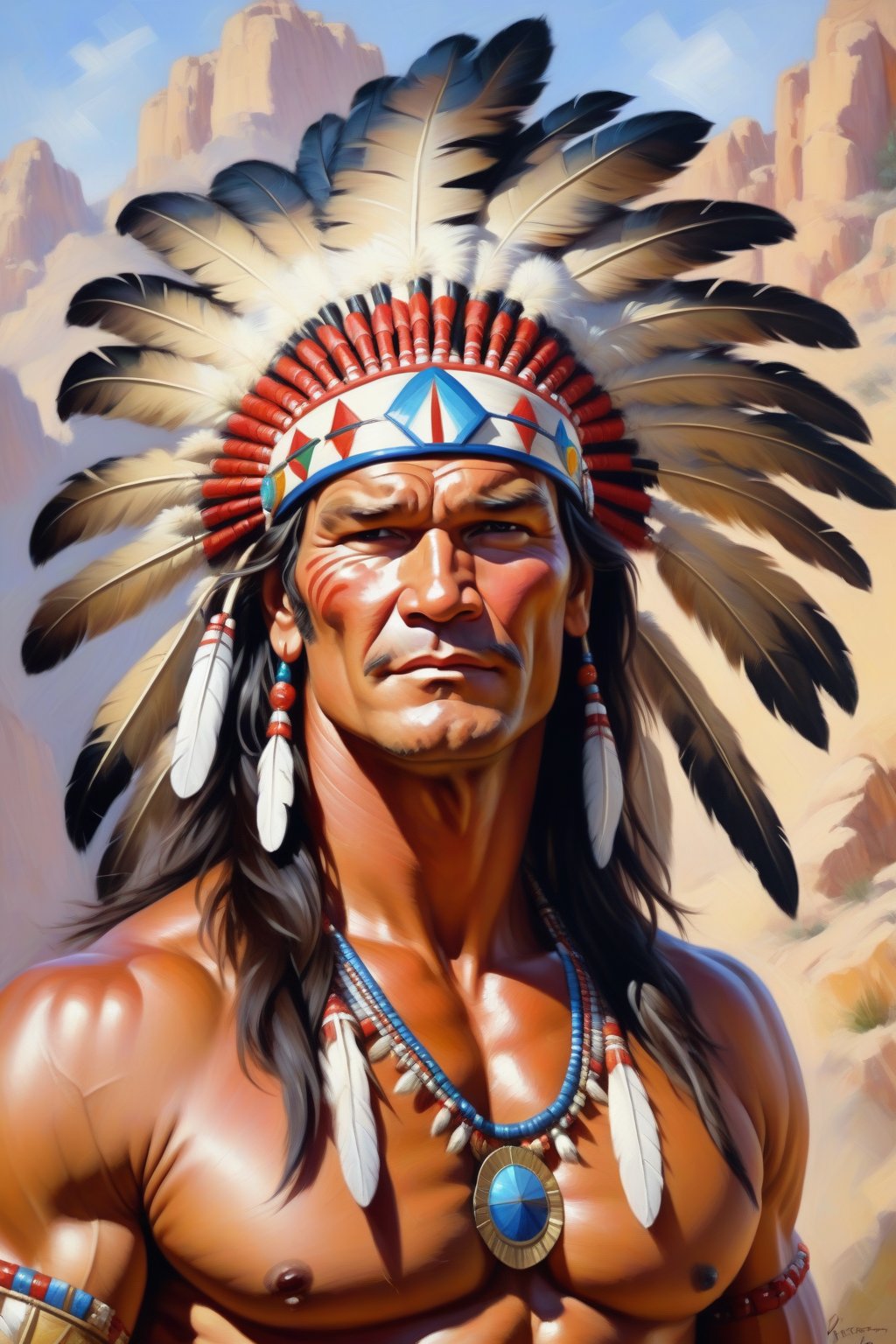 Oil Painting art,  Konstantin Razumov Style,  Xavier Duvet Style. Portrait of Patrick Swayze as an Indian chief Crazy Hors...